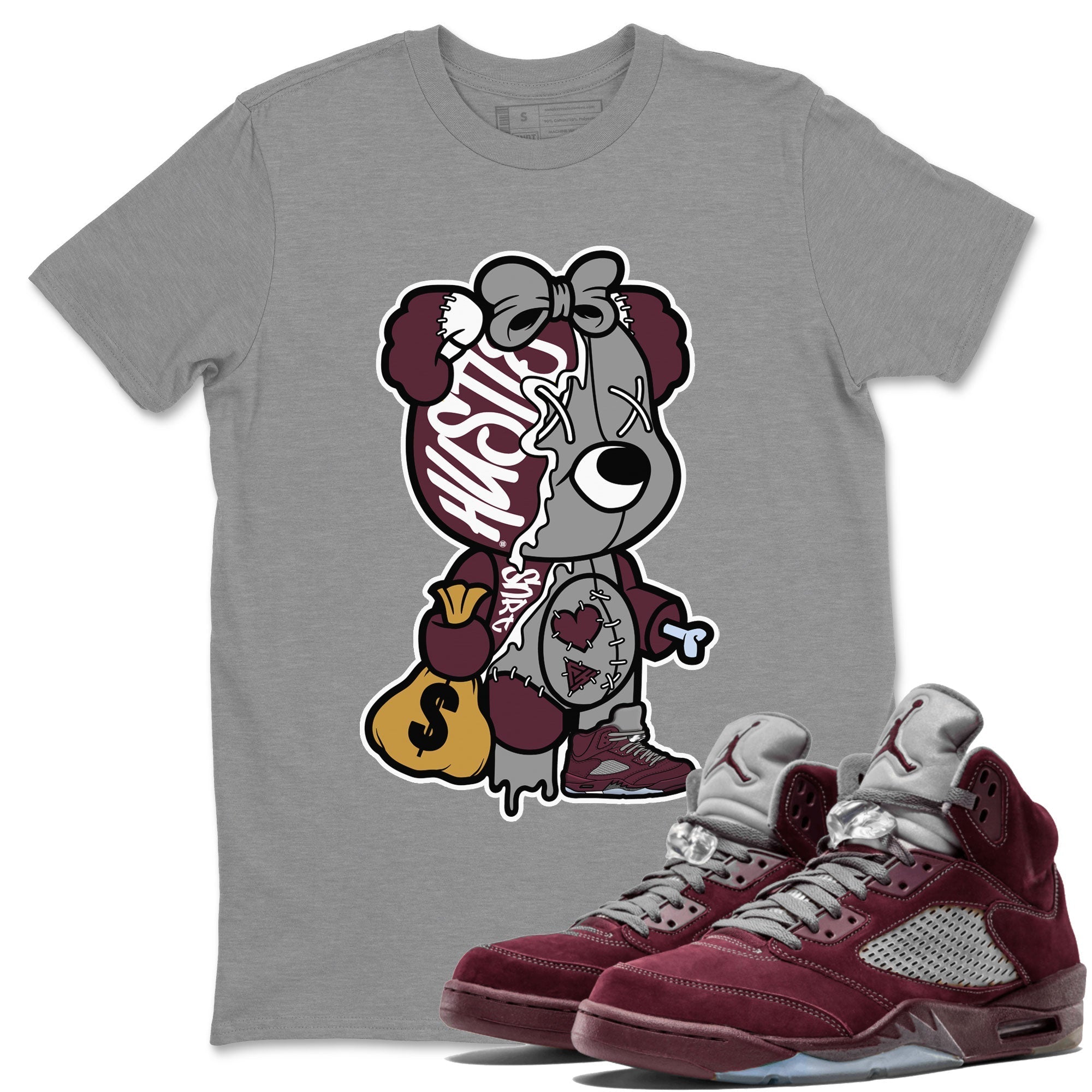 AJ5 Burgundy shirt to match jordans Stitched Hustle Bear Streetwear Sneaker Shirt Air Jordan 5 Burgundy Drip Gear Zone Sneaker Matching Clothing Unisex Heather Grey 1 T-Shirt