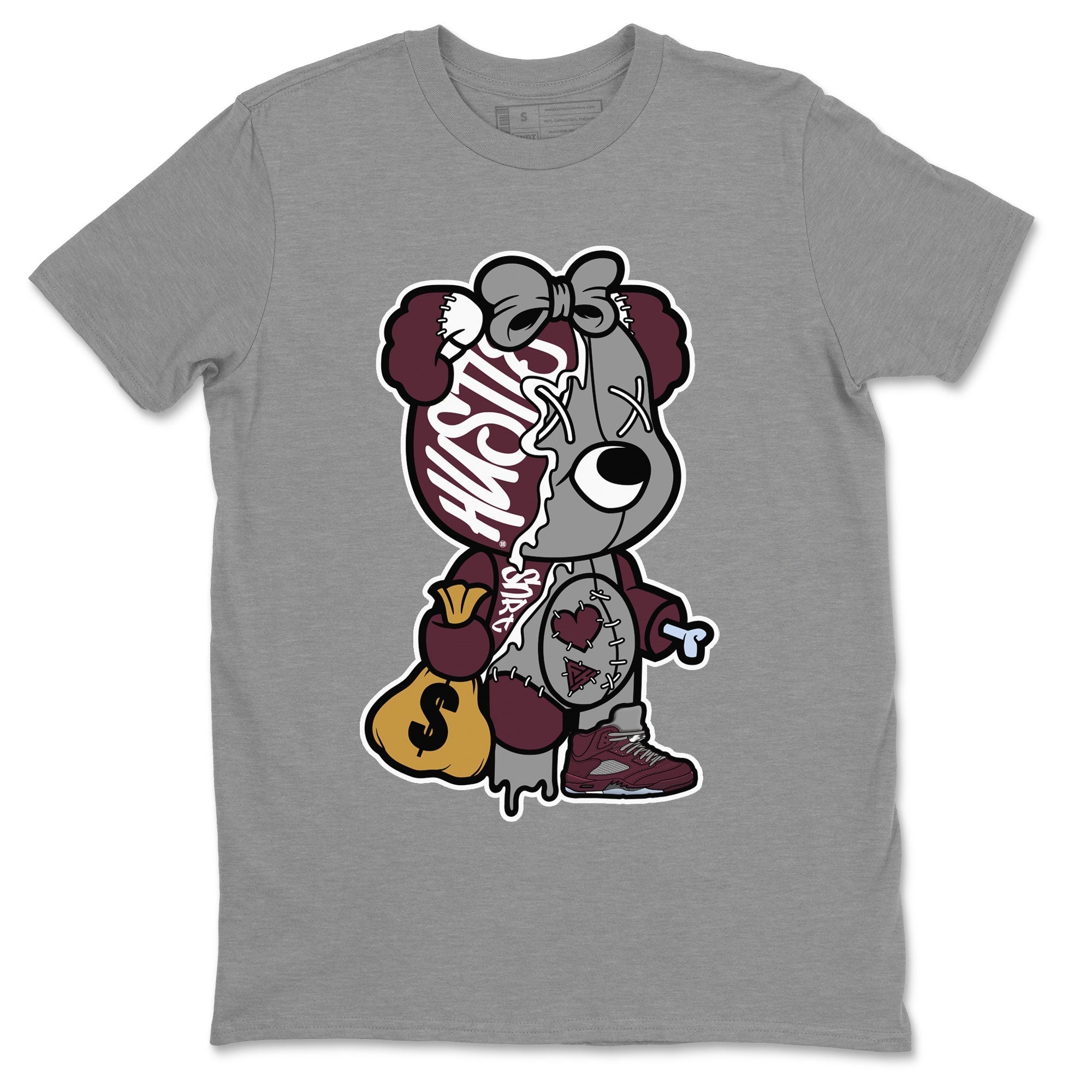 AJ5 Burgundy shirt to match jordans Stitched Hustle Bear Streetwear Sneaker Shirt Air Jordan 5 Burgundy Drip Gear Zone Sneaker Matching Clothing Unisex Heather Grey 2 T-Shirt