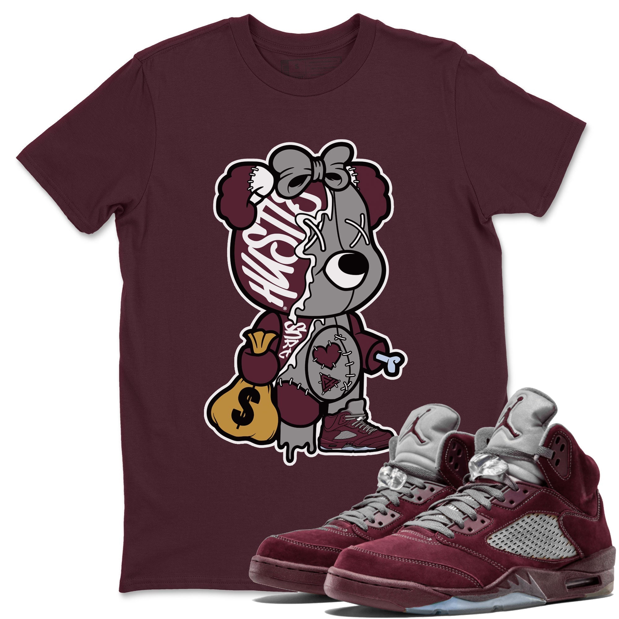 AJ5 Burgundy shirt to match jordans Stitched Hustle Bear Streetwear Sneaker Shirt Air Jordan 5 Burgundy Drip Gear Zone Sneaker Matching Clothing Unisex Maroon 1 T-Shirt