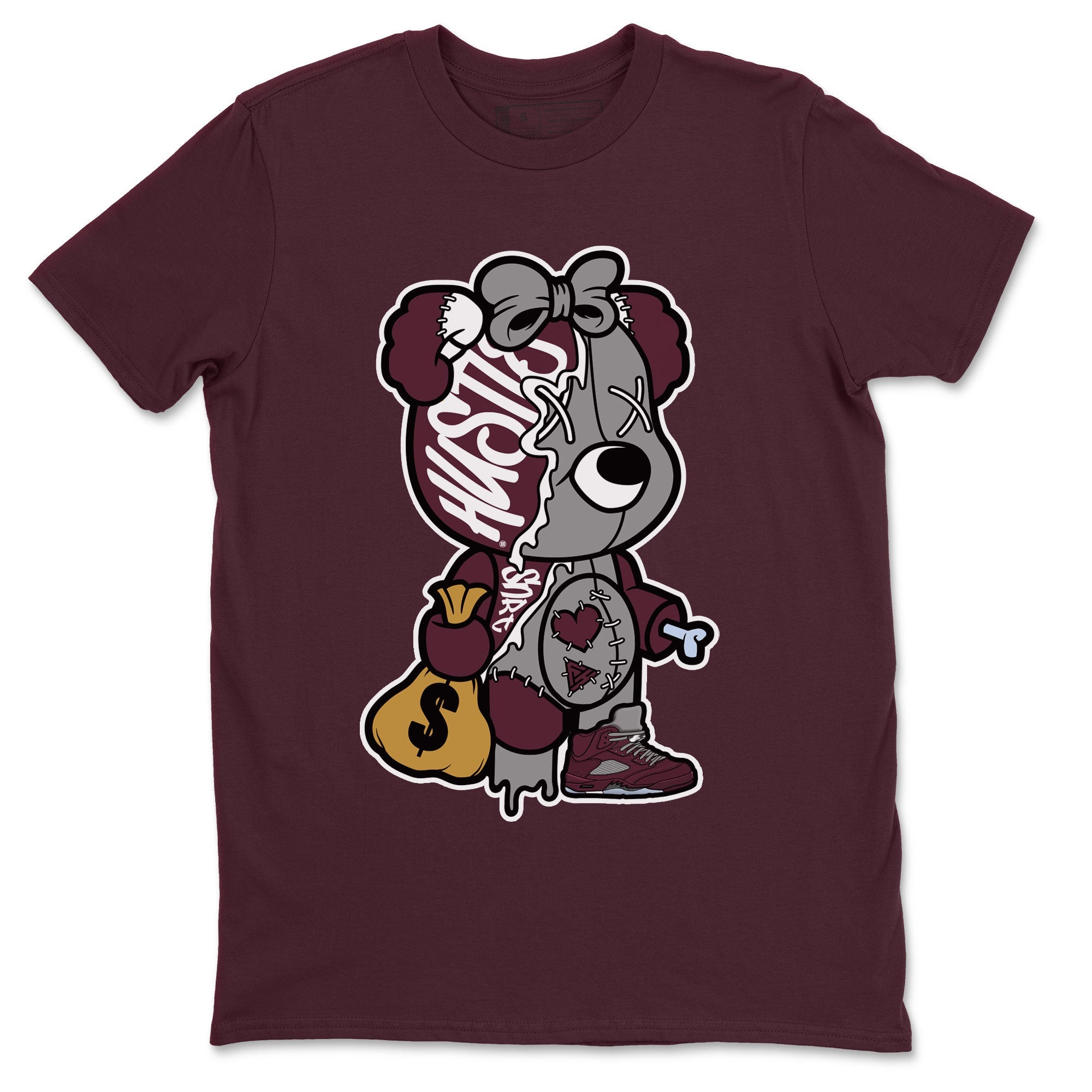 AJ5 Burgundy shirt to match jordans Stitched Hustle Bear Streetwear Sneaker Shirt Air Jordan 5 Burgundy Drip Gear Zone Sneaker Matching Clothing Unisex Maroon 2 T-Shirt