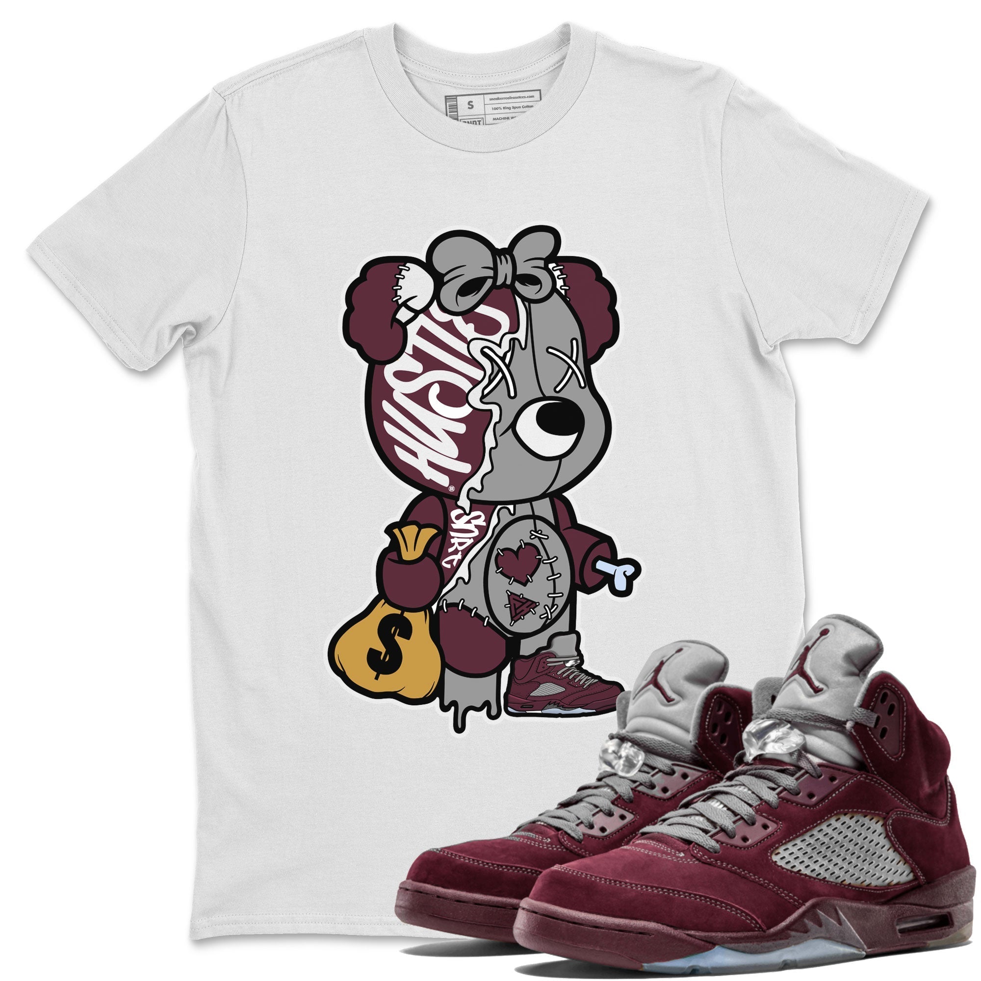 AJ5 Burgundy shirt to match jordans Stitched Hustle Bear Streetwear Sneaker Shirt Air Jordan 5 Burgundy Drip Gear Zone Sneaker Matching Clothing Unisex White 1 T-Shirt