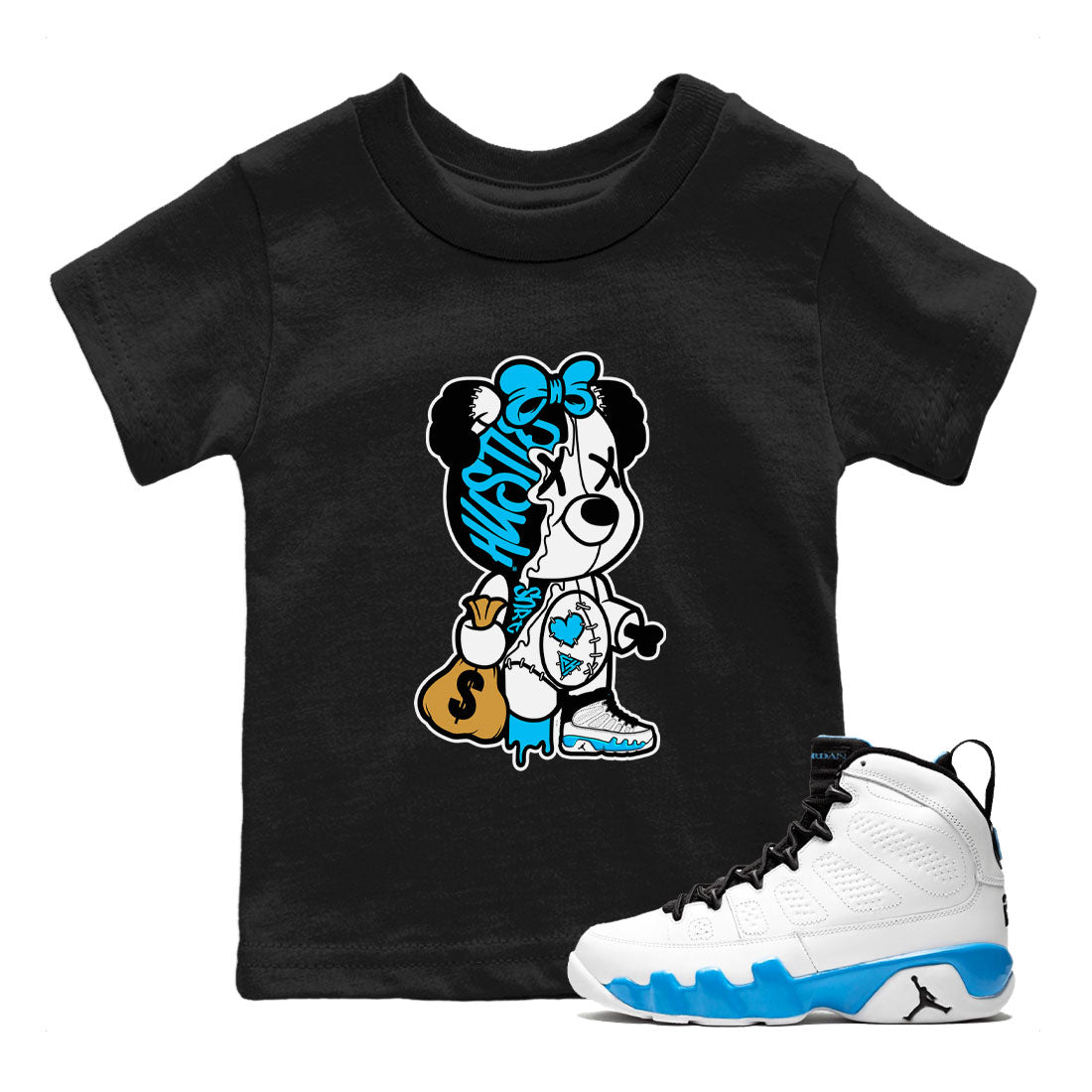 AJ9 Powder Blue shirt to match jordans Stitched Hustle Bear sneaker tees Air Jordan 9 Powder Blue Drip Gear Zone baby toddler Black 1 cotton Shirt