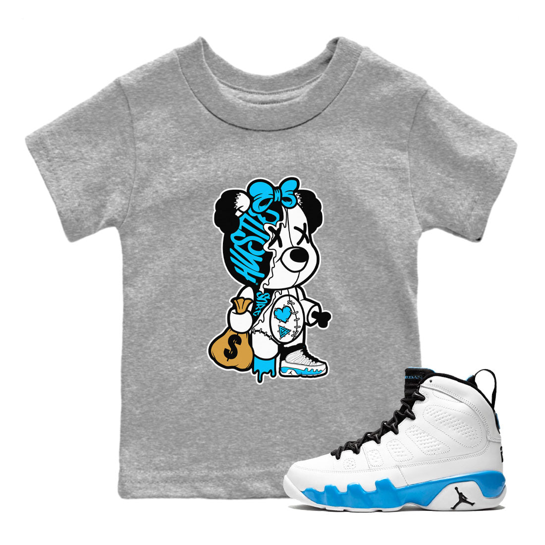 AJ9 Powder Blue shirt to match jordans Stitched Hustle Bear sneaker tees Air Jordan 9 Powder Blue Drip Gear Zone baby toddler Heather Grey 1 cotton Shirt