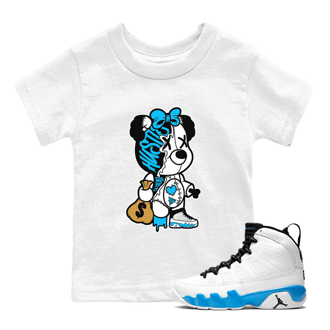 AJ9 Powder Blue shirt to match jordans Stitched Hustle Bear sneaker tees Air Jordan 9 Powder Blue Drip Gear Zone baby toddler White 1 cotton Shirt