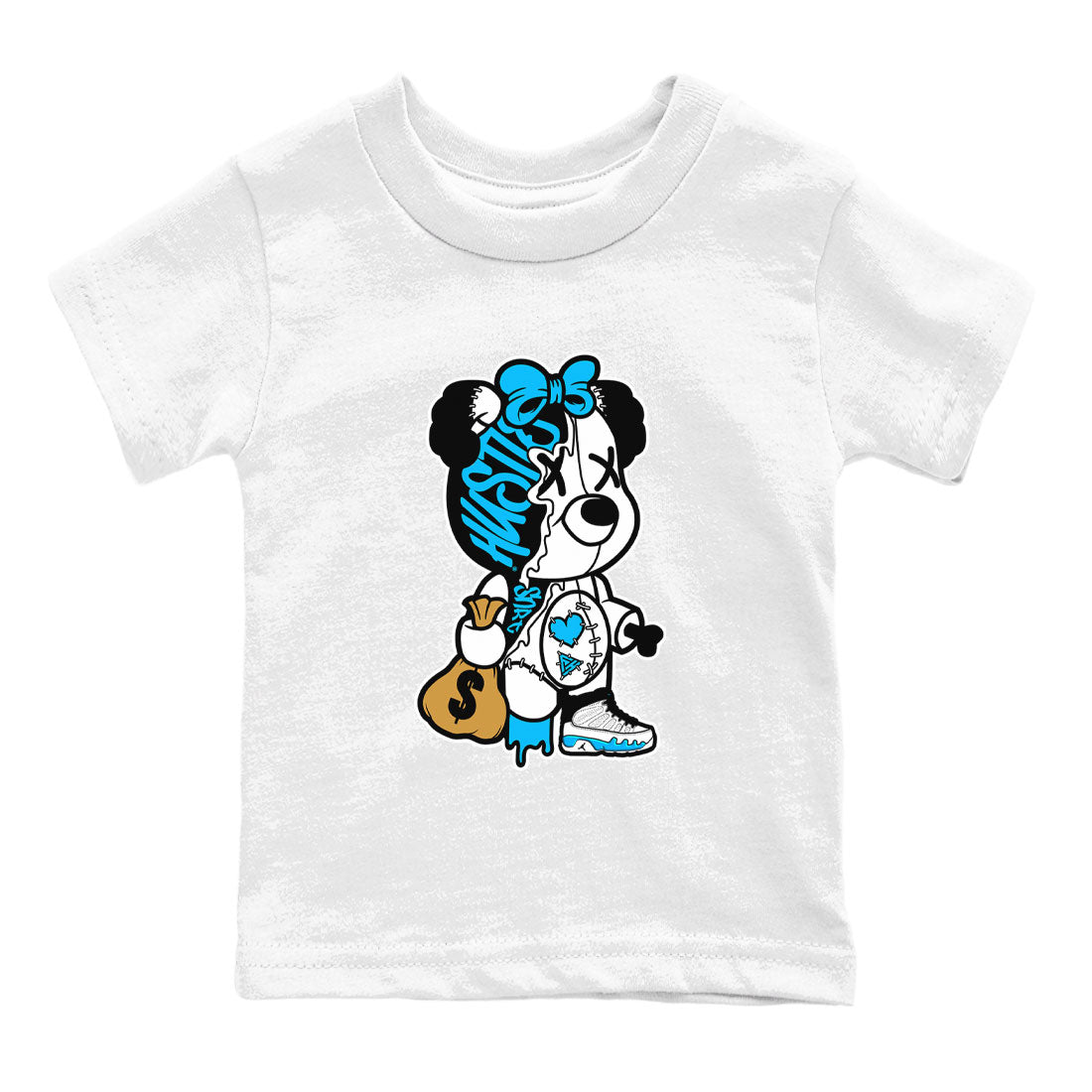 AJ9 Powder Blue shirt to match jordans Stitched Hustle Bear sneaker tees Air Jordan 9 Powder Blue Drip Gear Zone baby toddler White 2 cotton Shirt