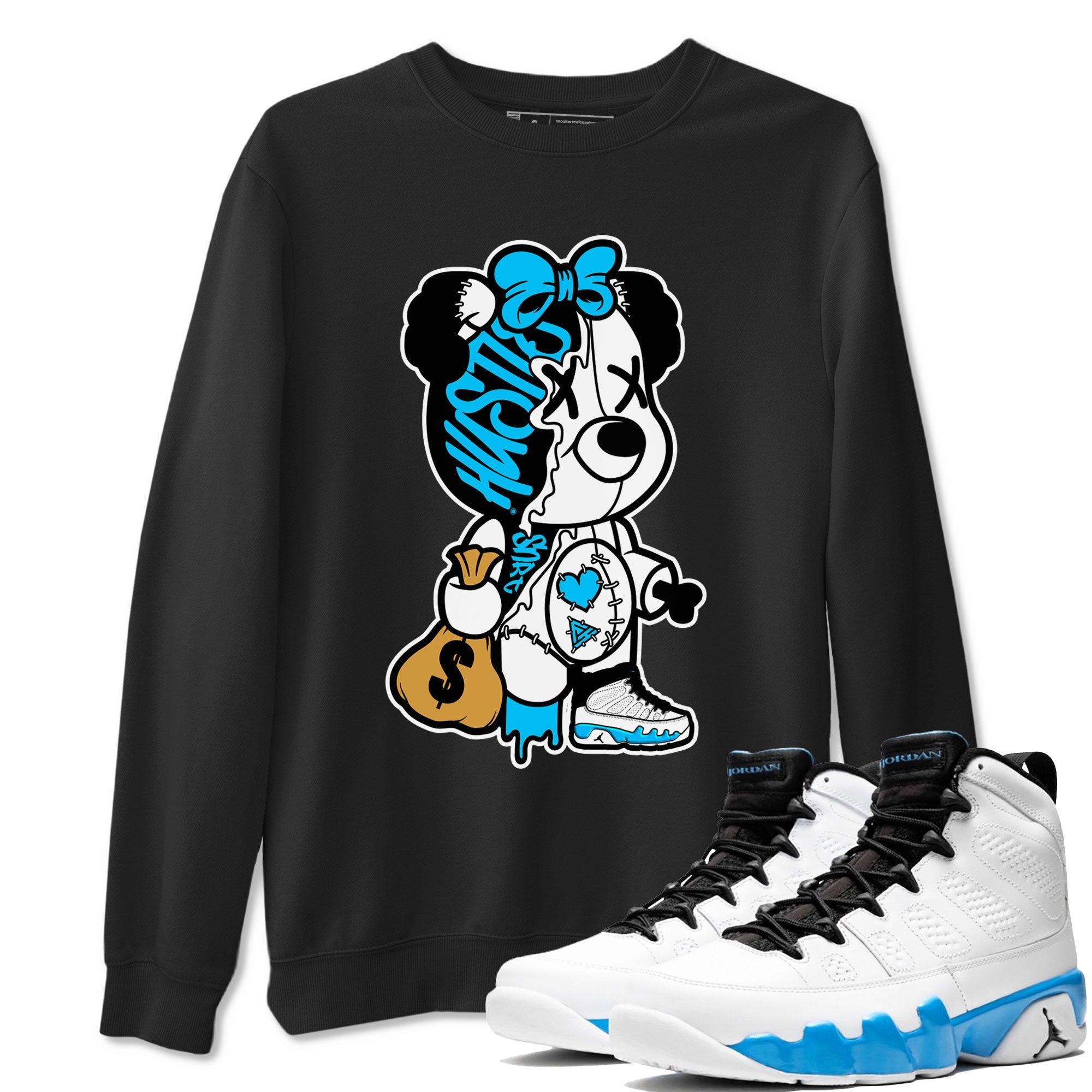 AJ9 Powder Blue shirt to match jordans Stitched Hustle Bear sneaker tees Air Jordan 9 Powder Blue Drip Gear Zone unisex cotton Black 1 crew neck shirt
