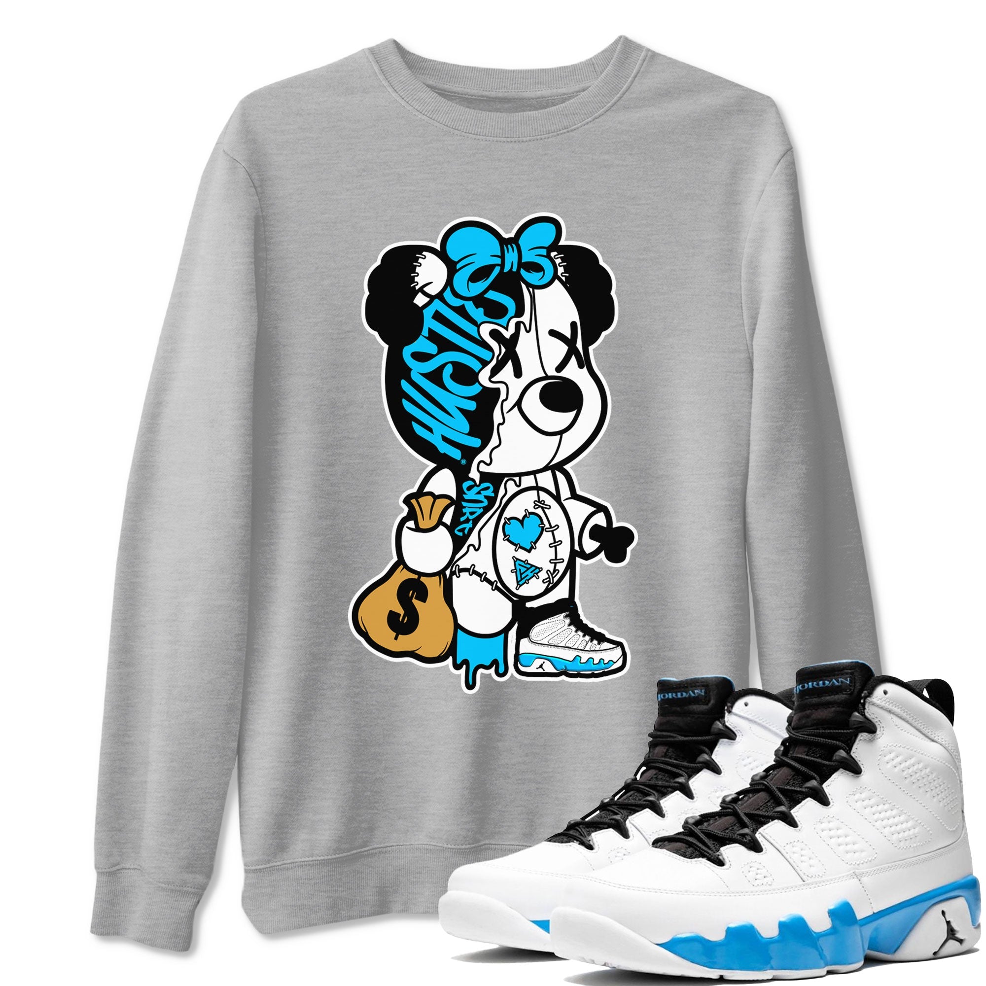 AJ9 Powder Blue shirt to match jordans Stitched Hustle Bear sneaker tees Air Jordan 9 Powder Blue Drip Gear Zone unisex cotton Heather Grey 1 crew neck shirt