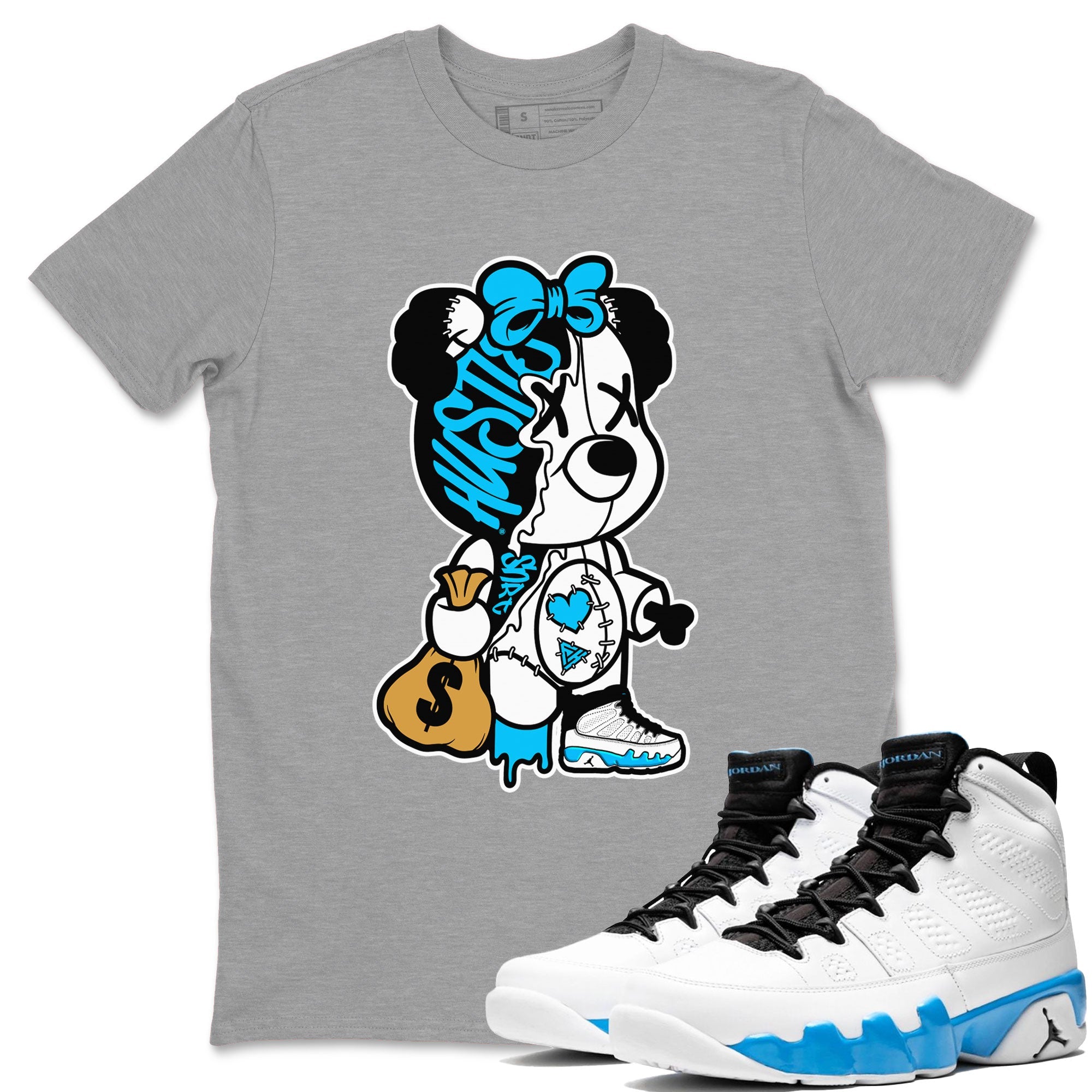 AJ9 Powder Blue shirt to match jordans Stitched Hustle Bear sneaker tees Air Jordan 9 Powder Blue Drip Gear Zone unisex cotton Heather Grey 1 crew neck shirt