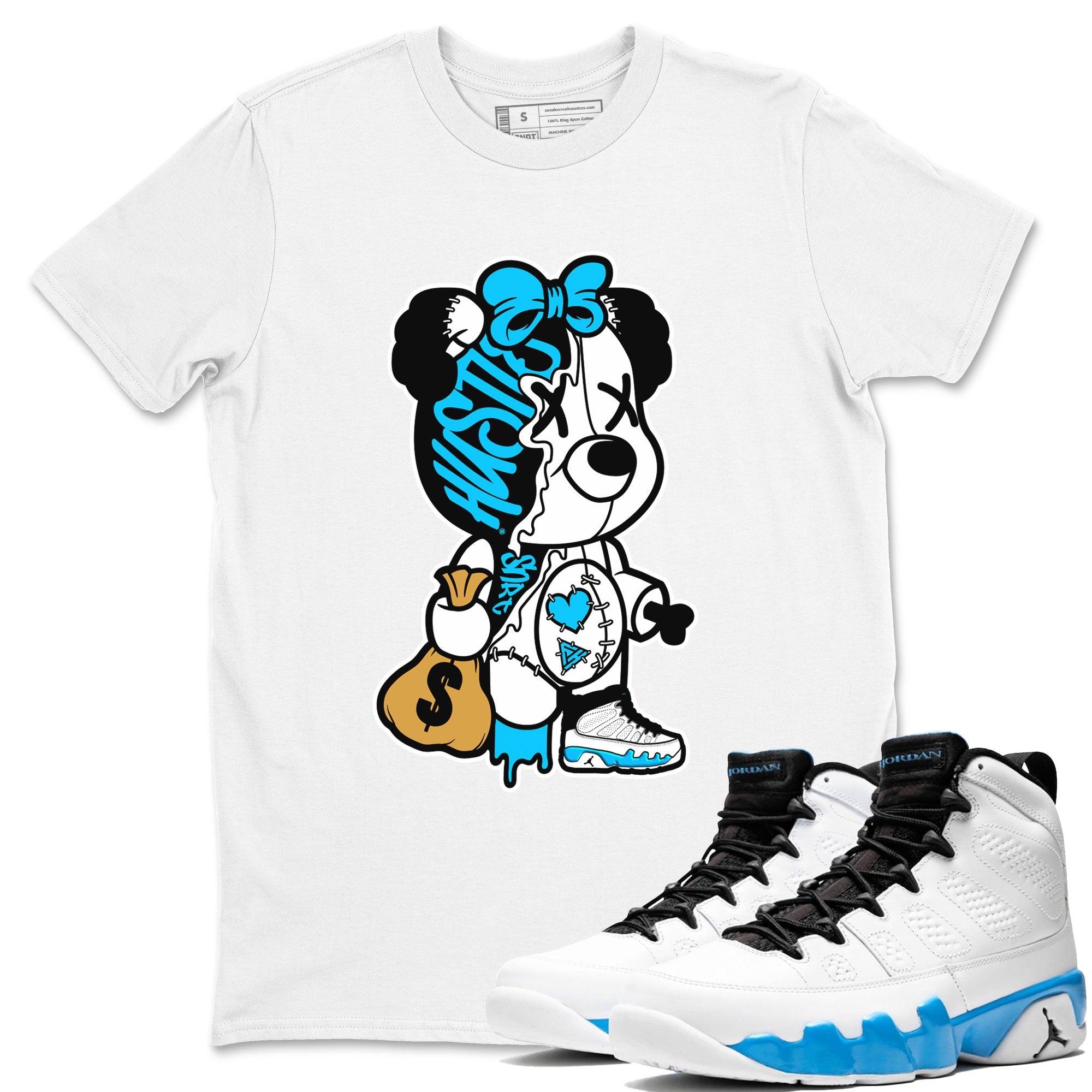 AJ9 Powder Blue shirt to match jordans Stitched Hustle Bear sneaker tees Air Jordan 9 Powder Blue Drip Gear Zone unisex cotton White 1 crew neck shirt