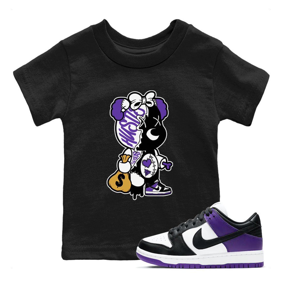 Stitched Hustle Bear sneaker match tees to Court Purple Dunks street fashion brand for shirts to match Jordans Drip Gear Zone Dunk Low Court Purple unisex t-shirt Black 1 youth shirt