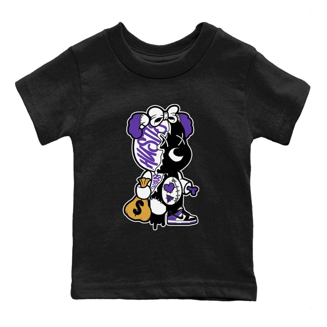 Stitched Hustle Bear sneaker match tees to Court Purple Dunks street fashion brand for shirts to match Jordans Drip Gear Zone Dunk Low Court Purple unisex t-shirt Black 2 youth shirt