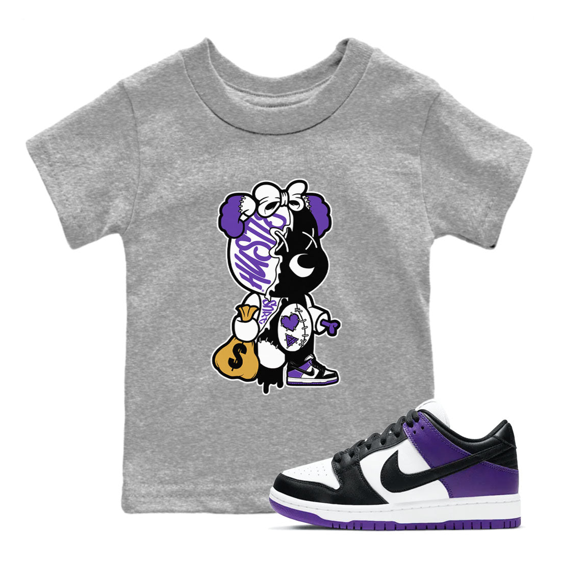 Stitched Hustle Bear sneaker match tees to Court Purple Dunks street fashion brand for shirts to match Jordans Drip Gear Zone Dunk Low Court Purple unisex t-shirt Heather Grey 1 youth shirt