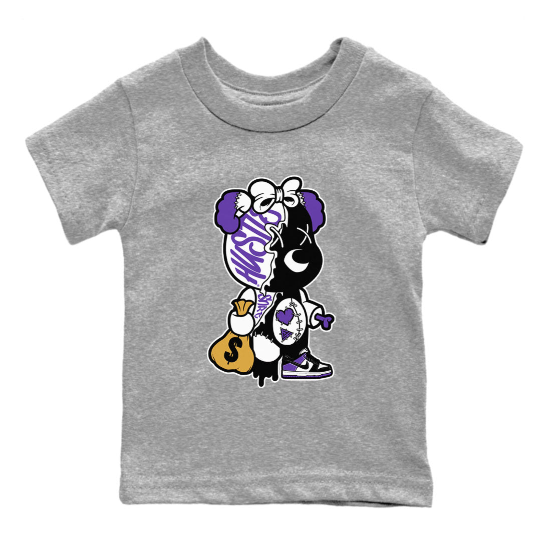 Stitched Hustle Bear sneaker match tees to Court Purple Dunks street fashion brand for shirts to match Jordans Drip Gear Zone Dunk Low Court Purple unisex t-shirt Heather Grey 2 youth shirt