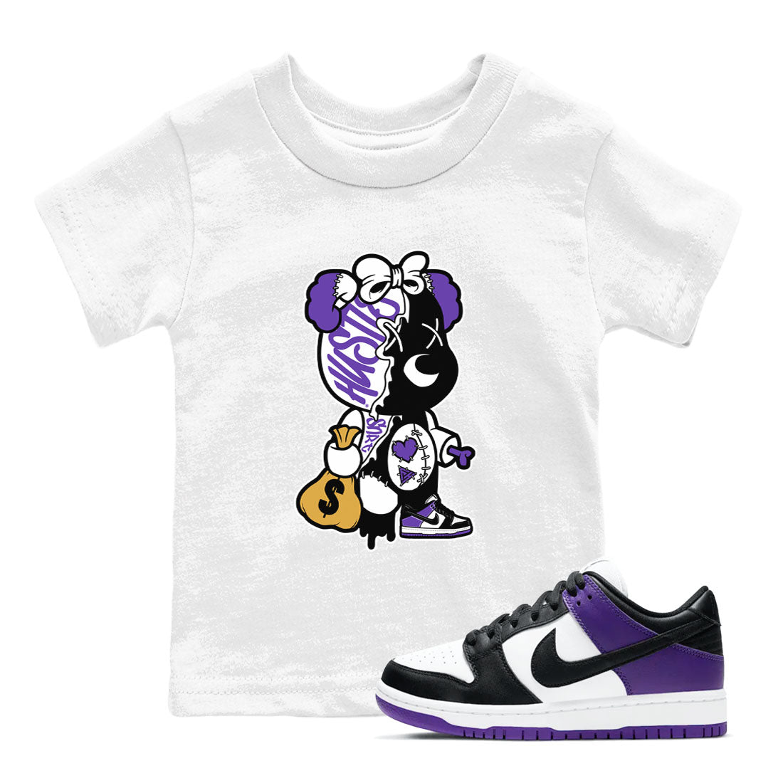 Stitched Hustle Bear sneaker match tees to Court Purple Dunks street fashion brand for shirts to match Jordans Drip Gear Zone Dunk Low Court Purple unisex t-shirt White 1 youth shirt