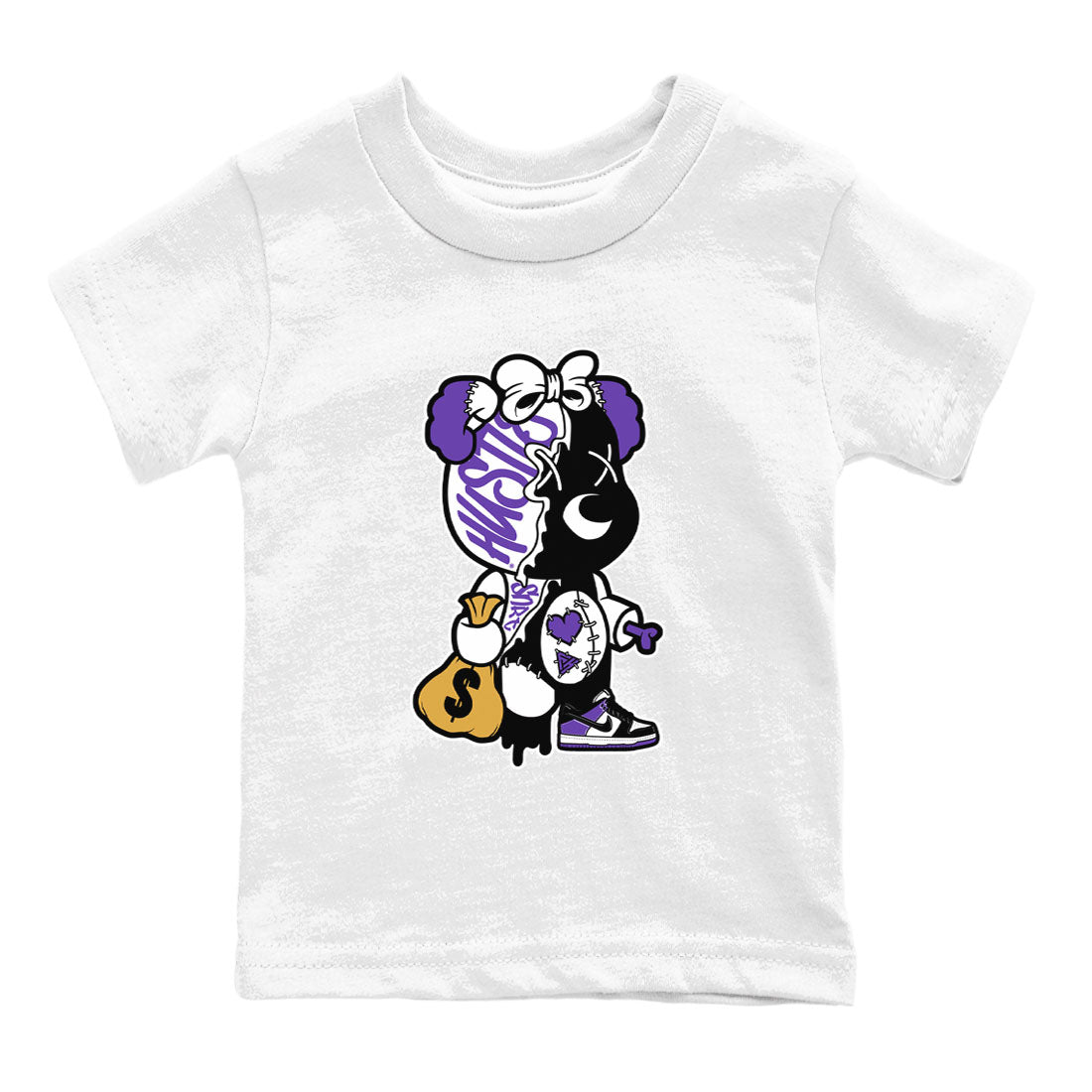 Stitched Hustle Bear sneaker match tees to Court Purple Dunks street fashion brand for shirts to match Jordans Drip Gear Zone Dunk Low Court Purple unisex t-shirt White 2 youth shirt