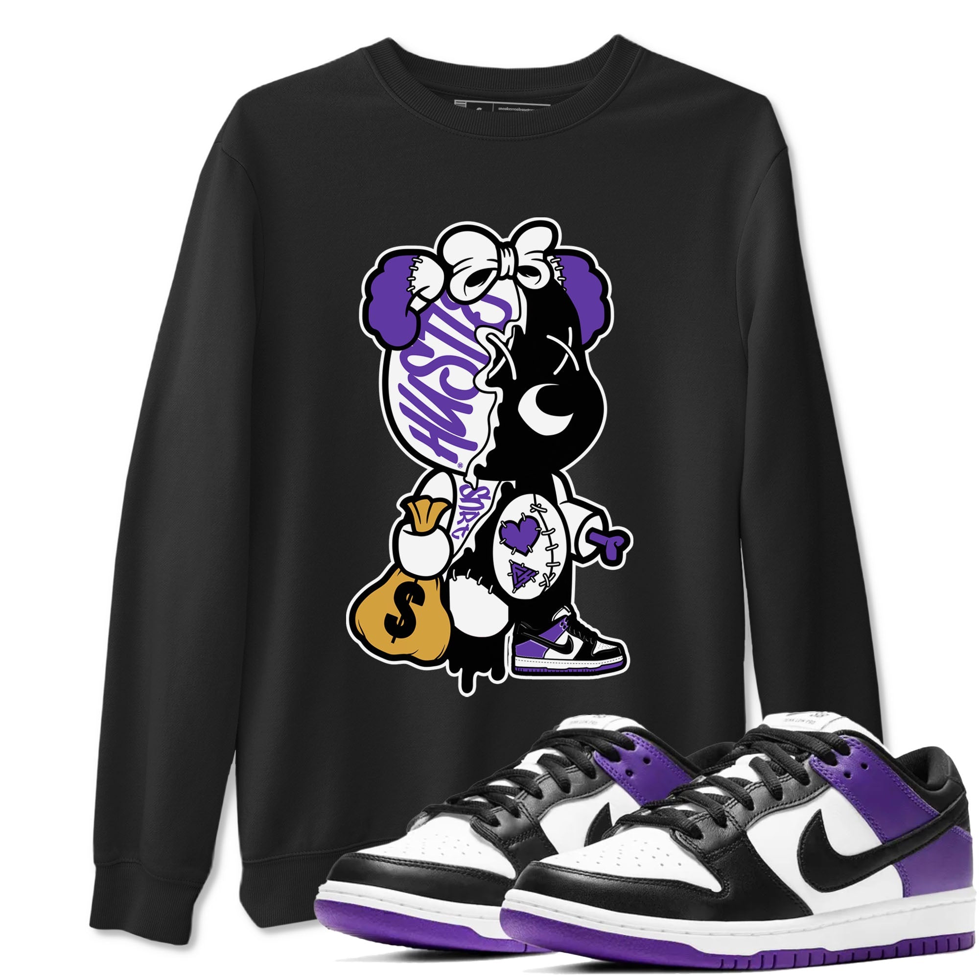 Stitched Hustle Bear sneaker match tees to Court Purple Dunks street fashion brand for shirts to match Jordans Drip Gear Zone Dunk Low Court Purple unisex t-shirt Black 1 unisex shirt