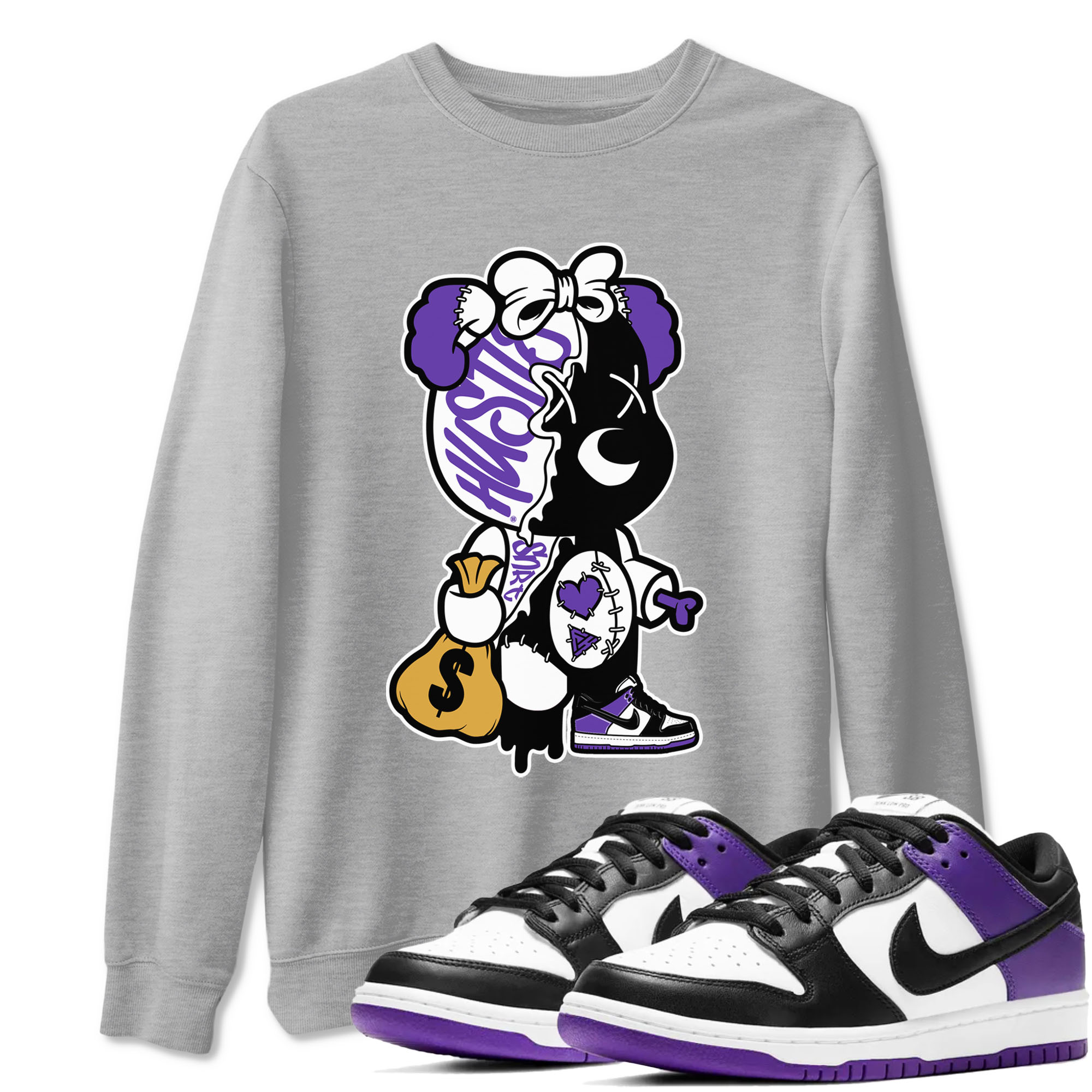 Stitched Hustle Bear sneaker match tees to Court Purple Dunks street fashion brand for shirts to match Jordans Drip Gear Zone Dunk Low Court Purple unisex t-shirt Heather Grey 1 unisex shirt