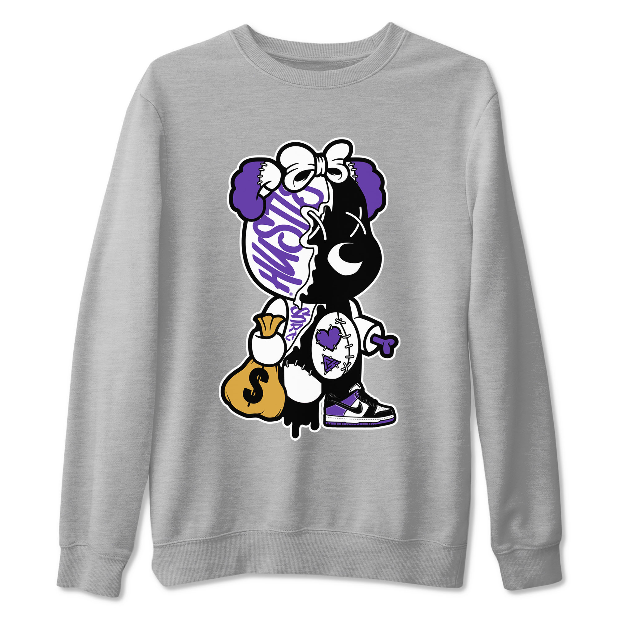 Stitched Hustle Bear sneaker match tees to Court Purple Dunks street fashion brand for shirts to match Jordans Drip Gear Zone Dunk Low Court Purple unisex t-shirt Heather Grey 2 unisex shirt