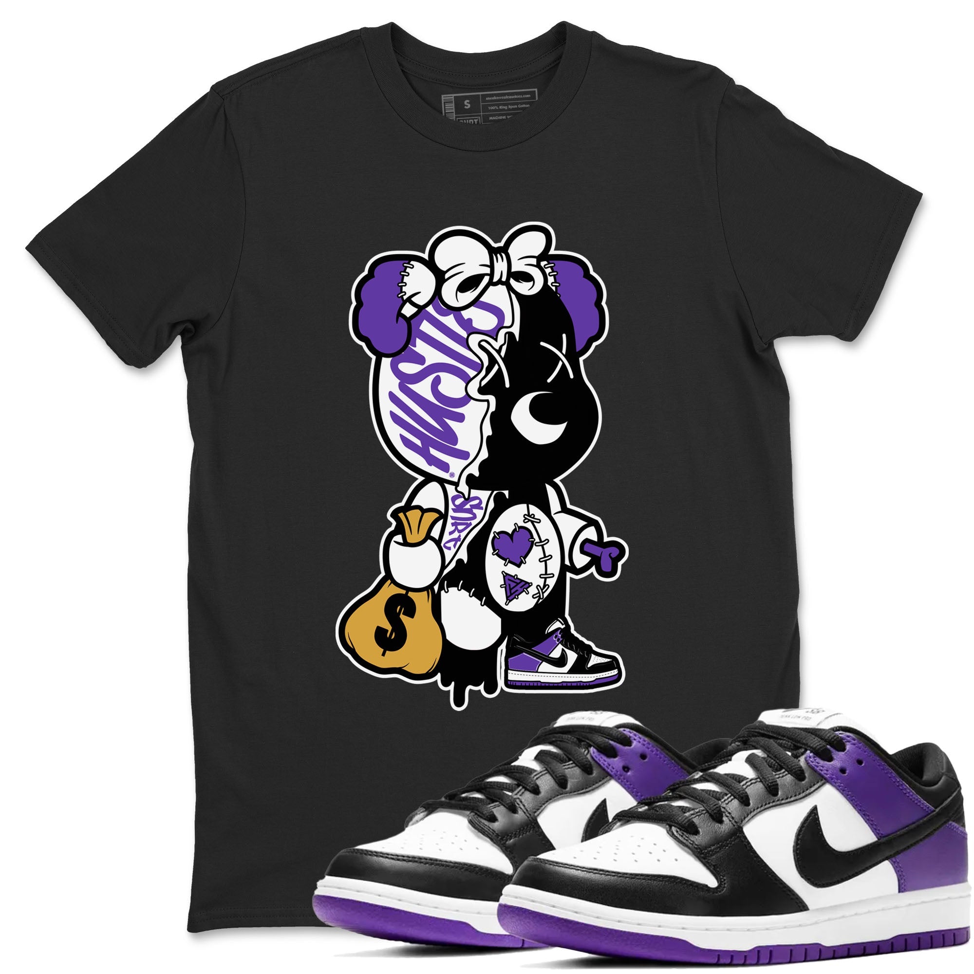 Stitched Hustle Bear sneaker match tees to Court Purple Dunks street fashion brand for shirts to match Jordans Drip Gear Zone Dunk Low Court Purple unisex t-shirt Black 1 unisex shirt