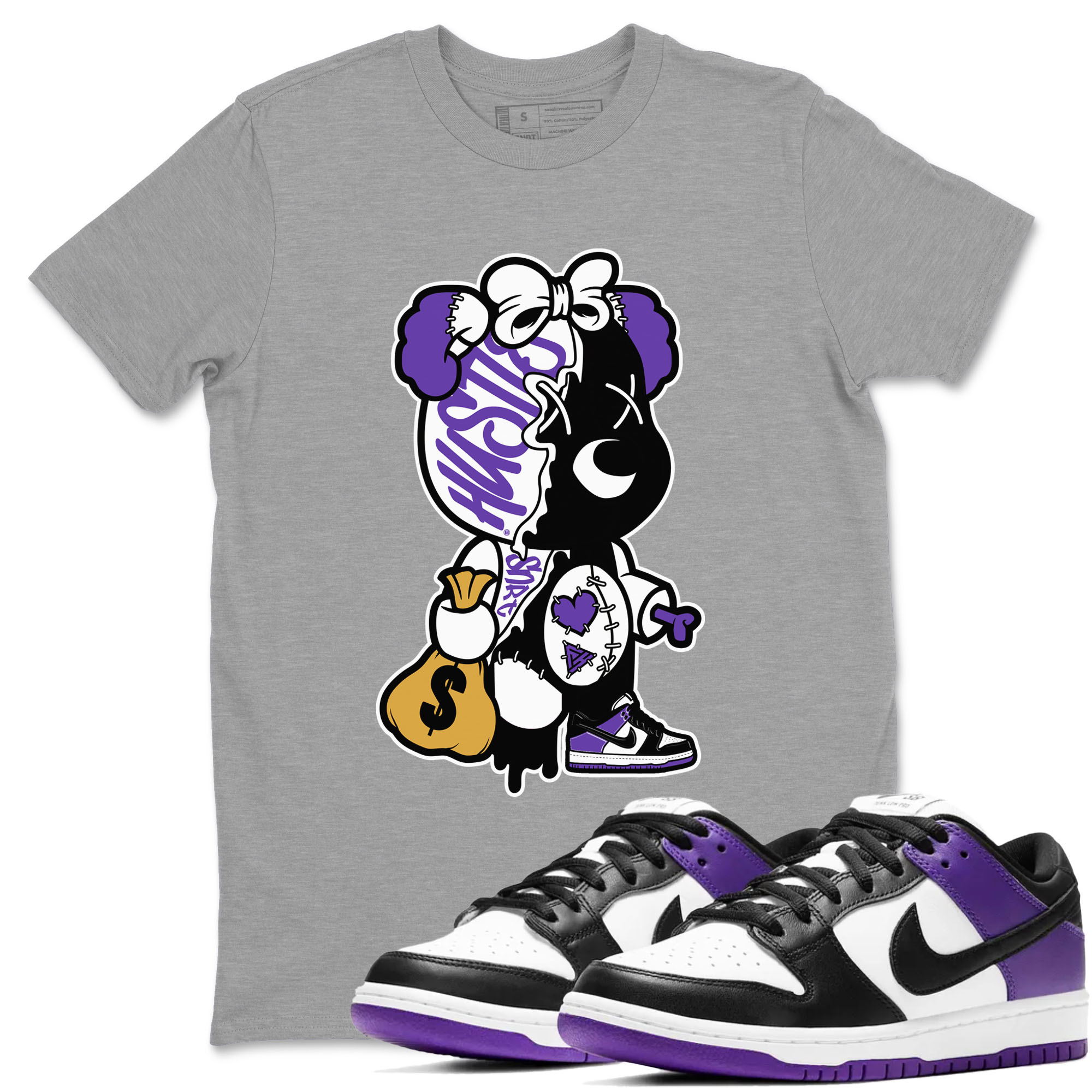 Stitched Hustle Bear sneaker match tees to Court Purple Dunks street fashion brand for shirts to match Jordans Drip Gear Zone Dunk Low Court Purple unisex t-shirt Heather Grey 1 unisex shirt