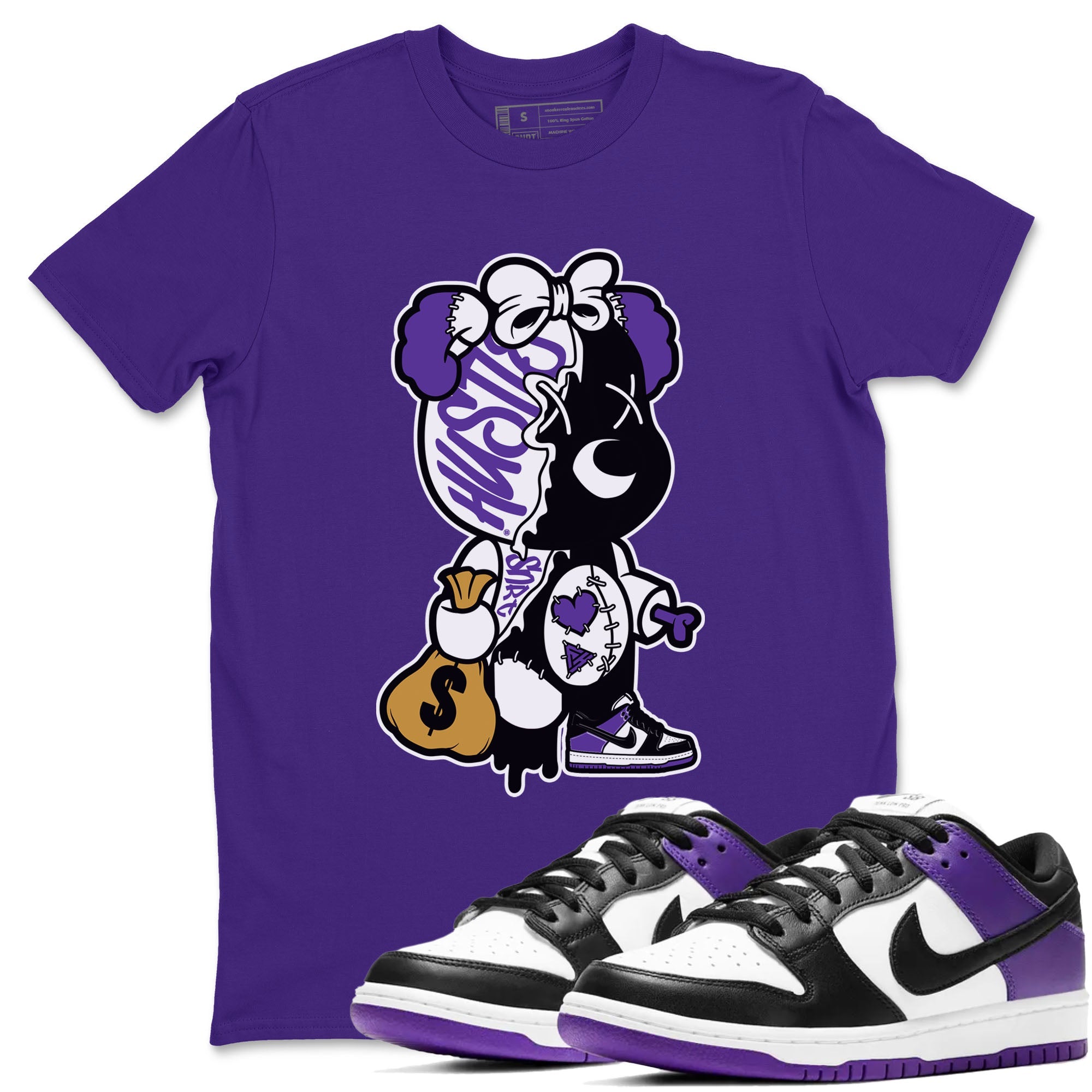 Stitched Hustle Bear sneaker match tees to Court Purple Dunks street fashion brand for shirts to match Jordans Drip Gear Zone Dunk Low Court Purple unisex t-shirt Purple 1 unisex shirt