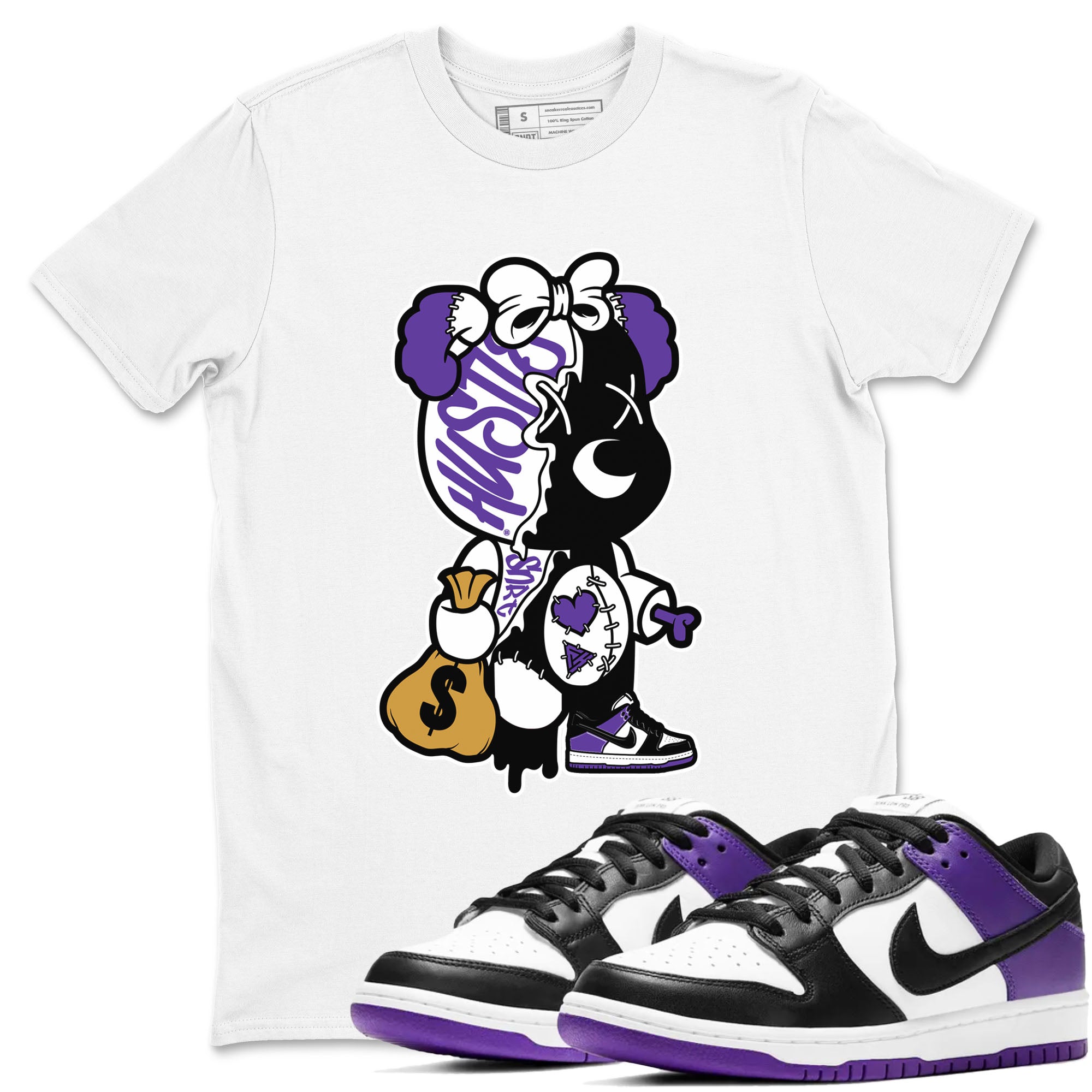 Stitched Hustle Bear sneaker match tees to Court Purple Dunks street fashion brand for shirts to match Jordans Drip Gear Zone Dunk Low Court Purple unisex t-shirt White 1 unisex shirt