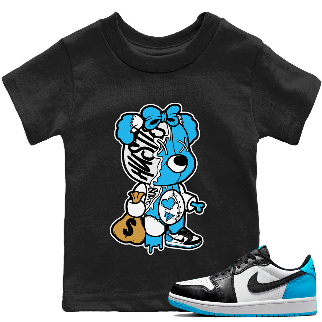 Jordan 1 Powder Blue Sneaker Matching T-Shirt Stitched Hustle Bear Sneaker Tees Jordan 1 Powder Blue Sneaker Release Tees Kids Shirts