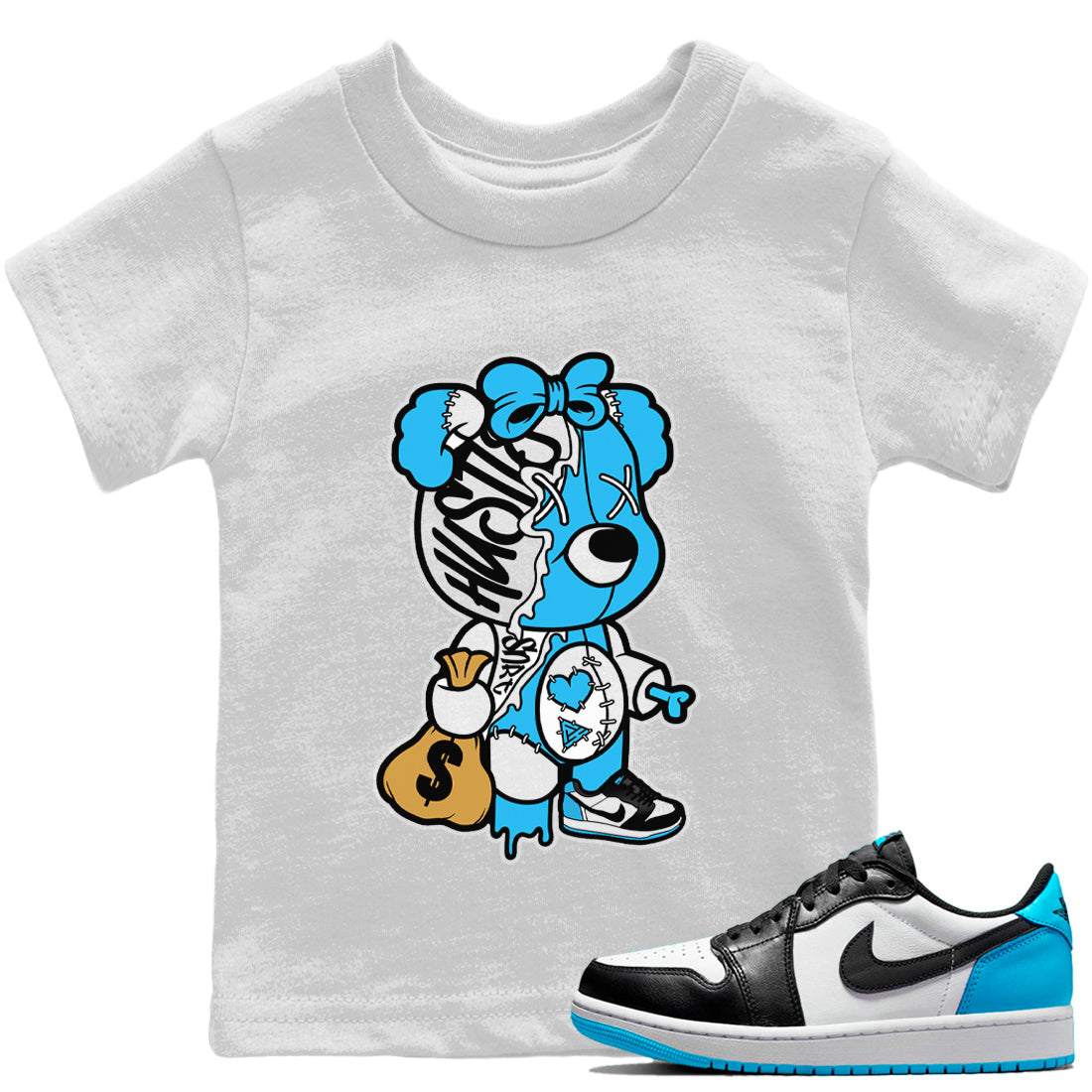 Jordan 1 Powder Blue Sneaker Matching T-Shirt Stitched Hustle Bear Sneaker Tees Jordan 1 Powder Blue Sneaker Release Tees Kids Shirts