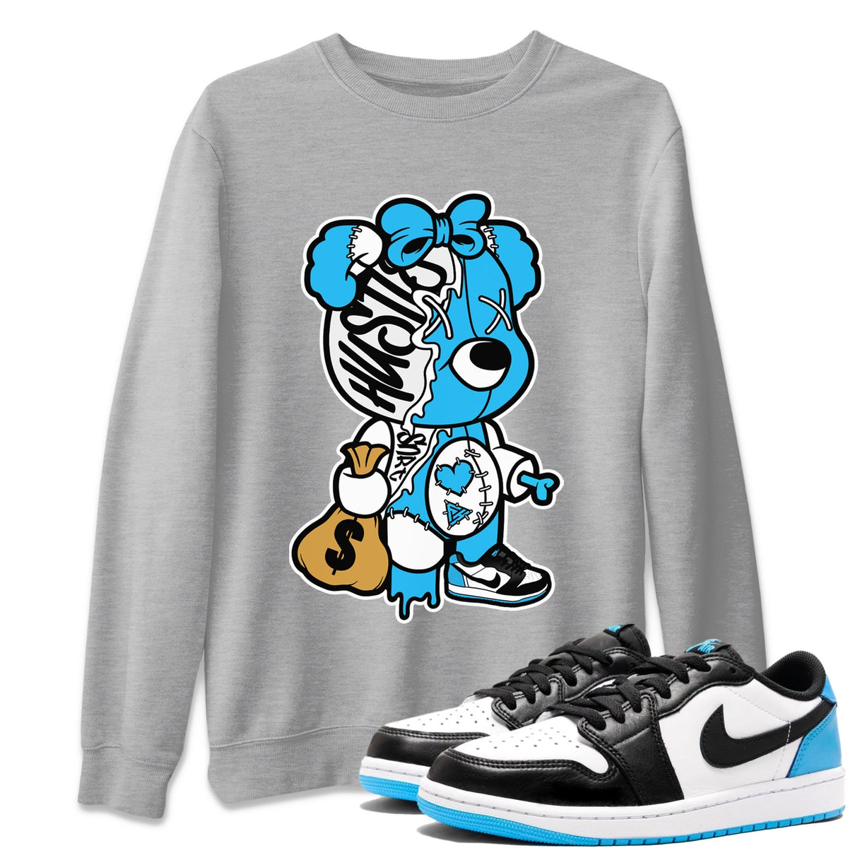 Jordan 1 Powder Blue Sneaker Matching T-Shirt Stitched Hustle Bear Sneaker Tees Jordan 1 Powder Blue Sneaker Release Tees Crew Neck Tees