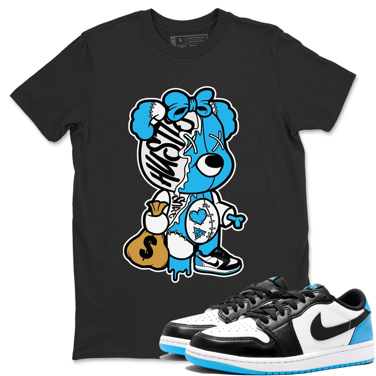 Jordan 1 Powder Blue Sneaker Matching T-Shirt Stitched Hustle Bear Sneaker Tees Jordan 1 Powder Blue Sneaker Release Tees Crew Neck Tees