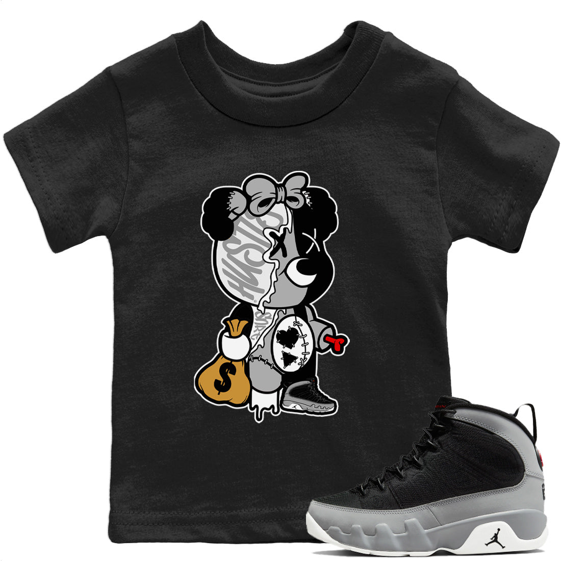 Jordan 9 Particle Grey Shirt To Match Jordans Stitched Hustle Bear Sneaker Tees Jordan 9 Particle Grey Drip Gear Zone Sneaker Matching Clothing Kids Shirts