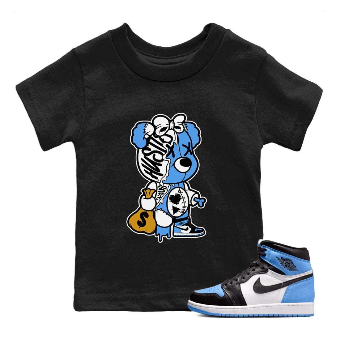 Stitched Hustle Bear Sneaker T-Shirt Kids - Air Jordan 1 UNC Toe