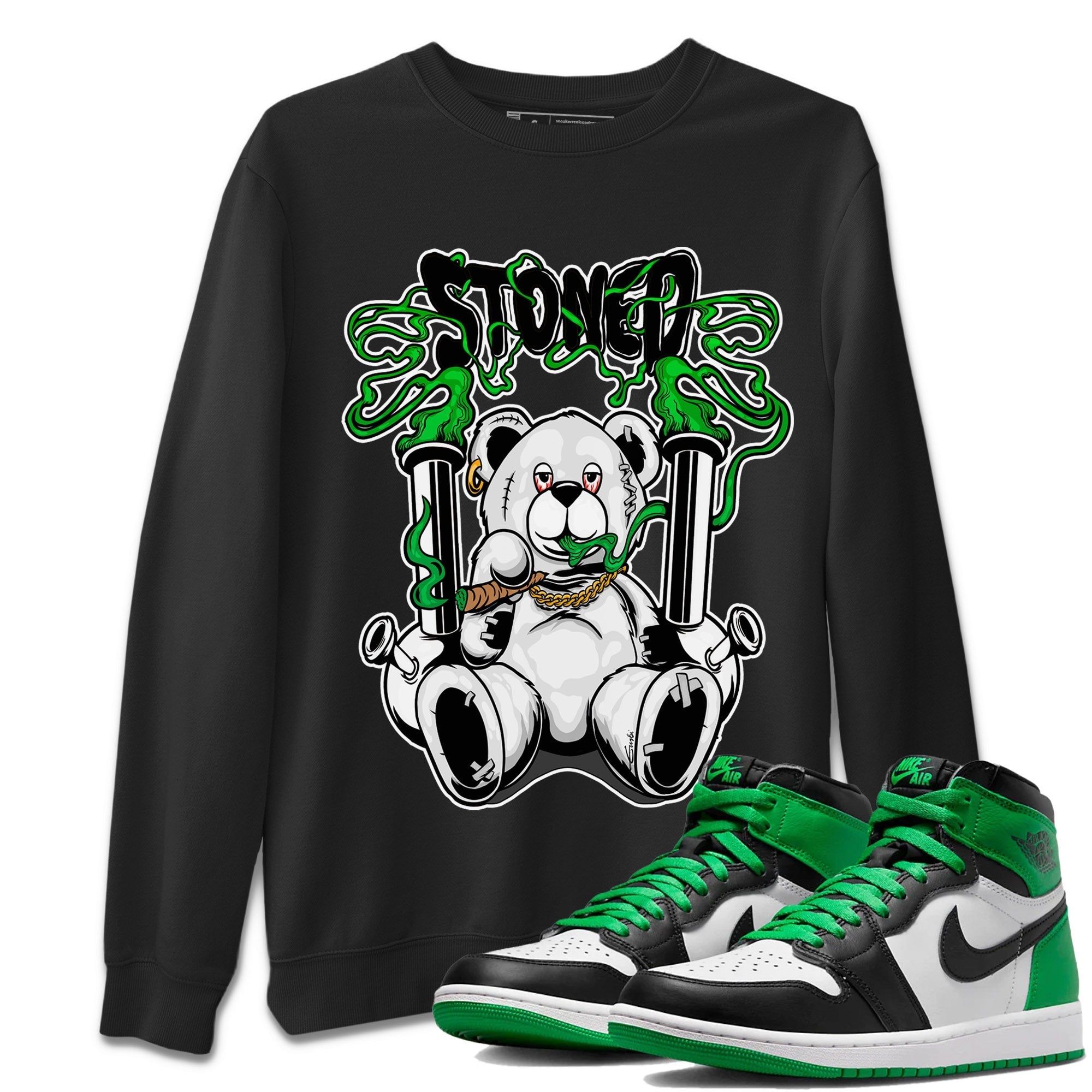 Air Jordan 1 Celtics Sneaker Match Tees Stoned Bear Streetwear Sneaker Shirt Air Jordan 1 Lucky Green Celtics Tees Unisex Shirts Black 1