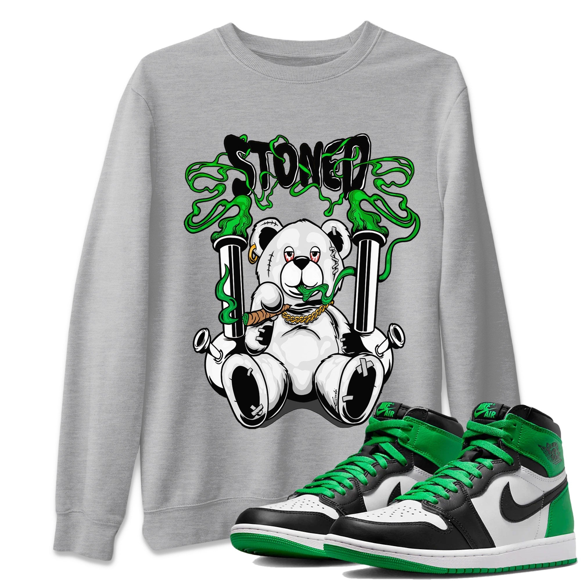 Air Jordan 1 Celtics Sneaker Match Tees Stoned Bear Streetwear Sneaker Shirt Air Jordan 1 Lucky Green Celtics Tees Unisex Shirts Heather Grey 1