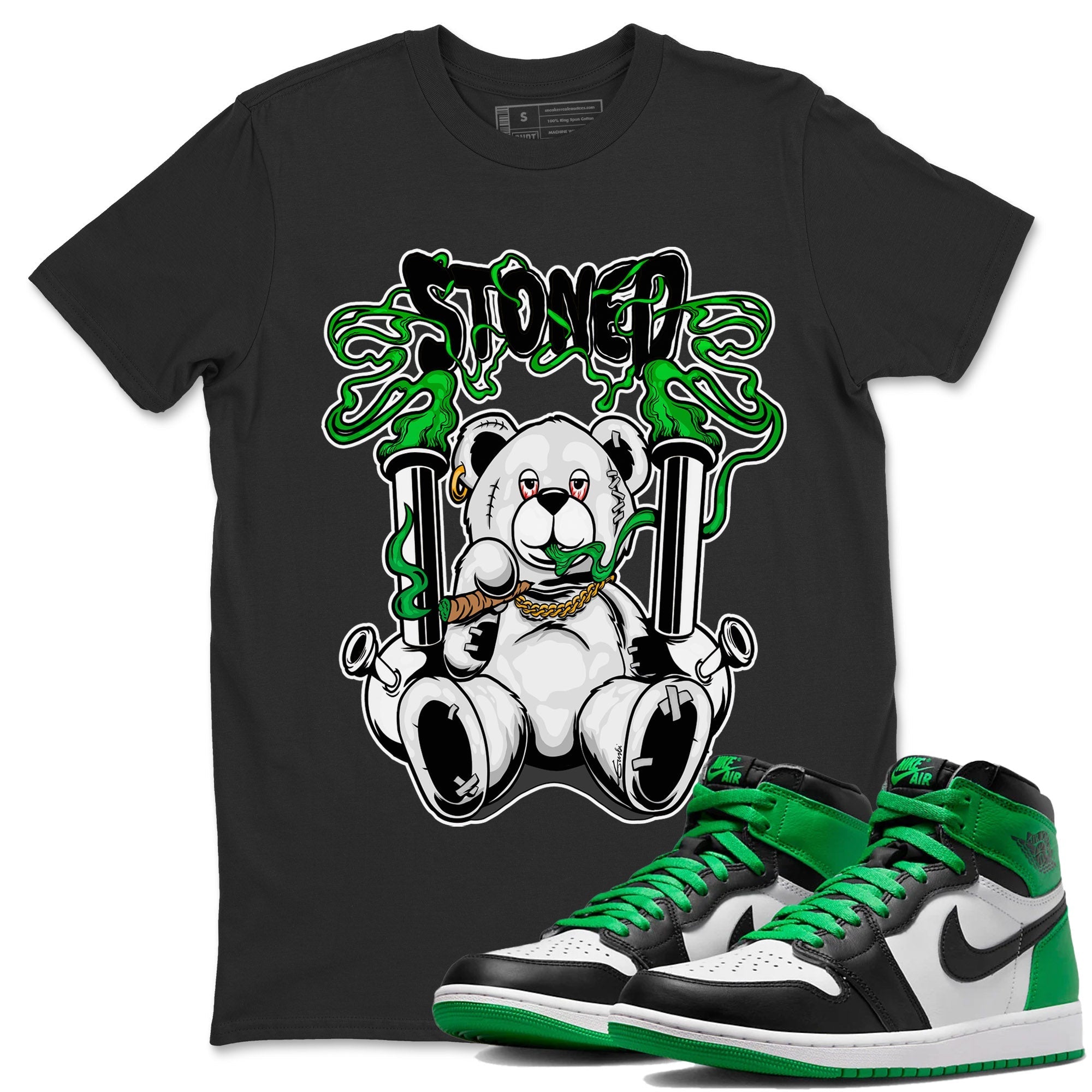 Air Jordan 1 Celtics Sneaker Match Tees Stoned Bear Streetwear Sneaker Shirt Air Jordan 1 Lucky Green Celtics Tees Unisex Shirts Black 1