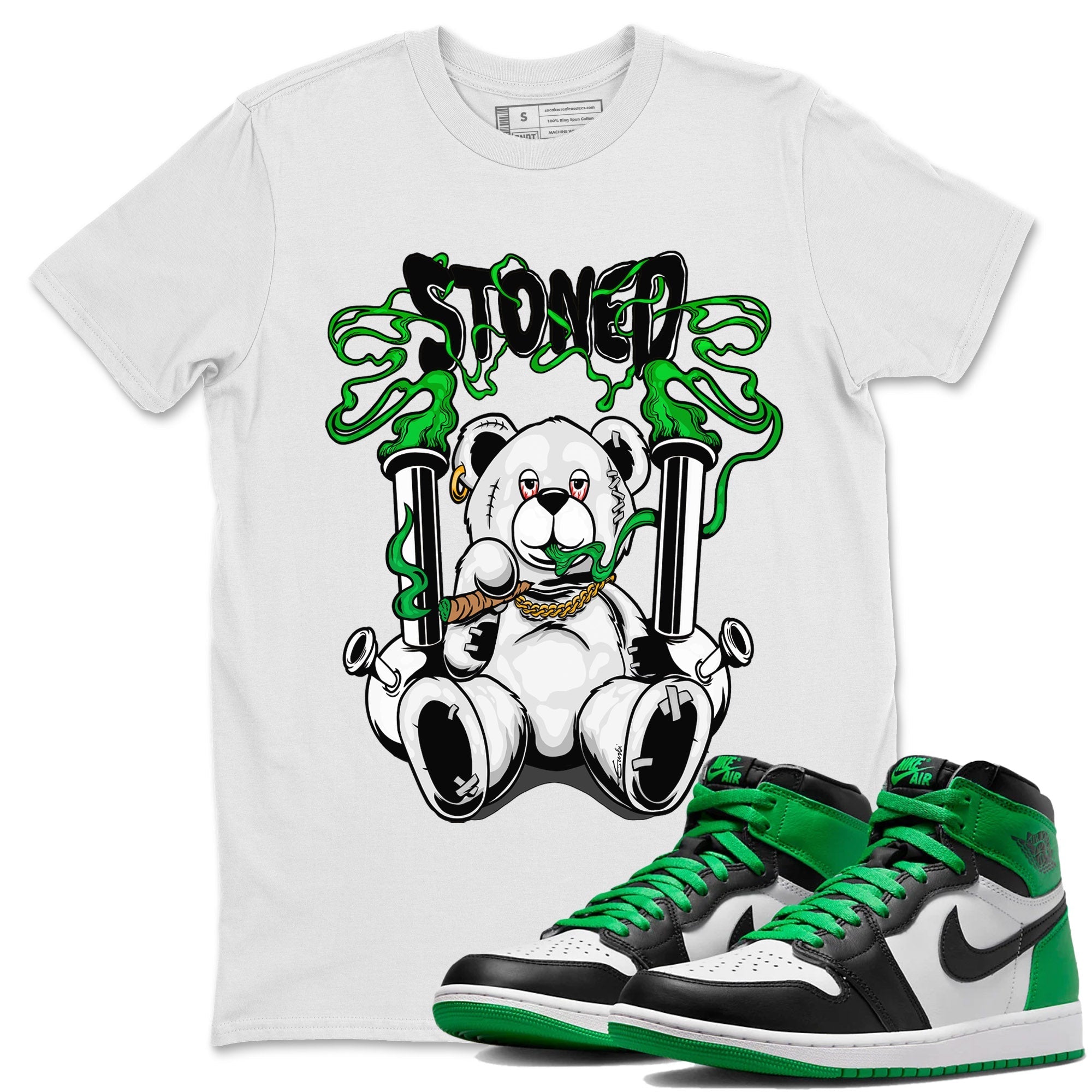 Air Jordan 1 Celtics Sneaker Match Tees Stoned Bear Streetwear Sneaker Shirt Air Jordan 1 Lucky Green Celtics Tees Unisex Shirts White 1
