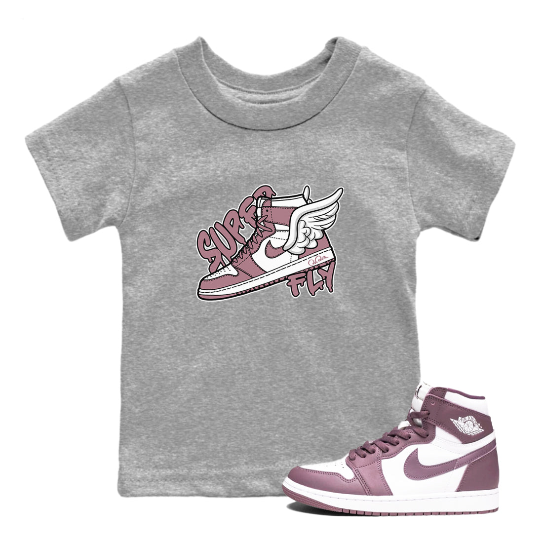 Air Jordan 1 Mauve shirt to match jordans Super Fly crew neck streetwear t-shirt AJ1Mauve Drip Gear Zone Baby Toddler Heather Grey 1 Sneaker Matching Tee