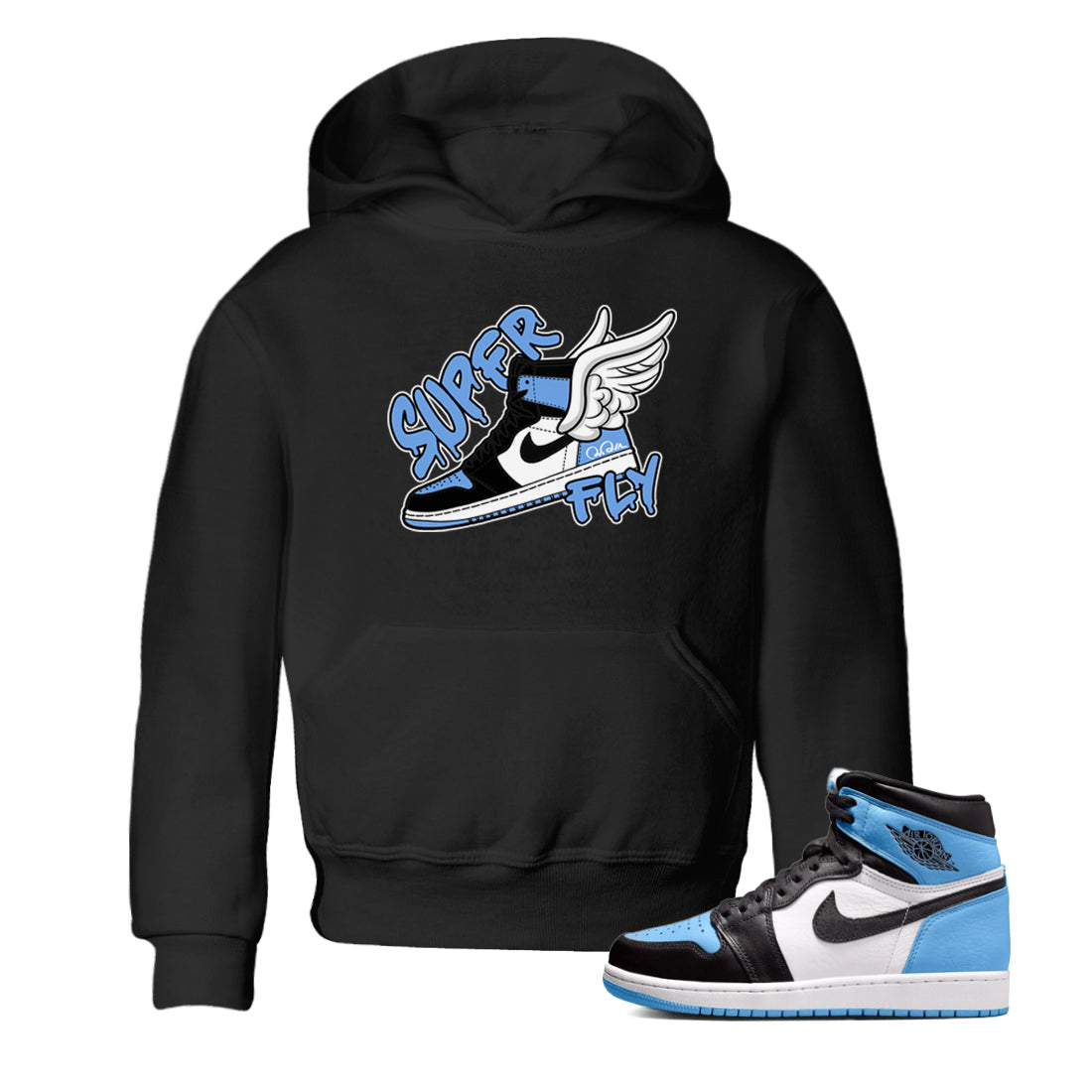 Air Jordan 1 University Blue Sneaker Match Tees Super Fly Sneaker Tees AJ1 University Blue Sneaker Release Tees Kids Shirts Black 1