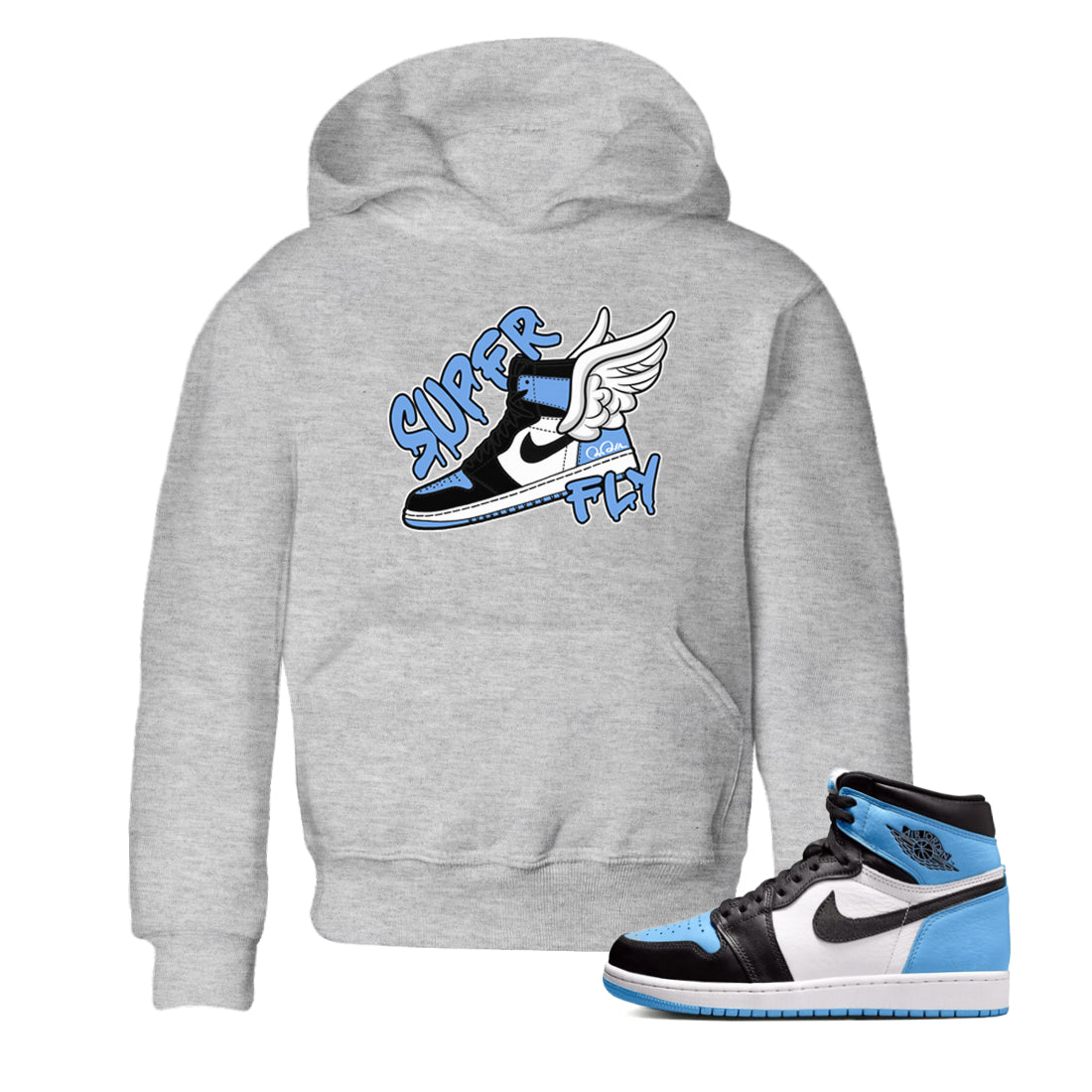 Air Jordan 1 University Blue Sneaker Match Tees Super Fly Sneaker Tees AJ1 University Blue Sneaker Release Tees Kids Shirts Heather Grey 1