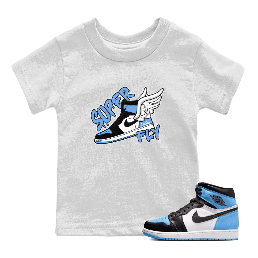 Air Jordan 1 University Blue Sneaker Match Tees Super Fly Sneaker Tees AJ1 University Blue Sneaker Release Tees Kids Shirts White 1
