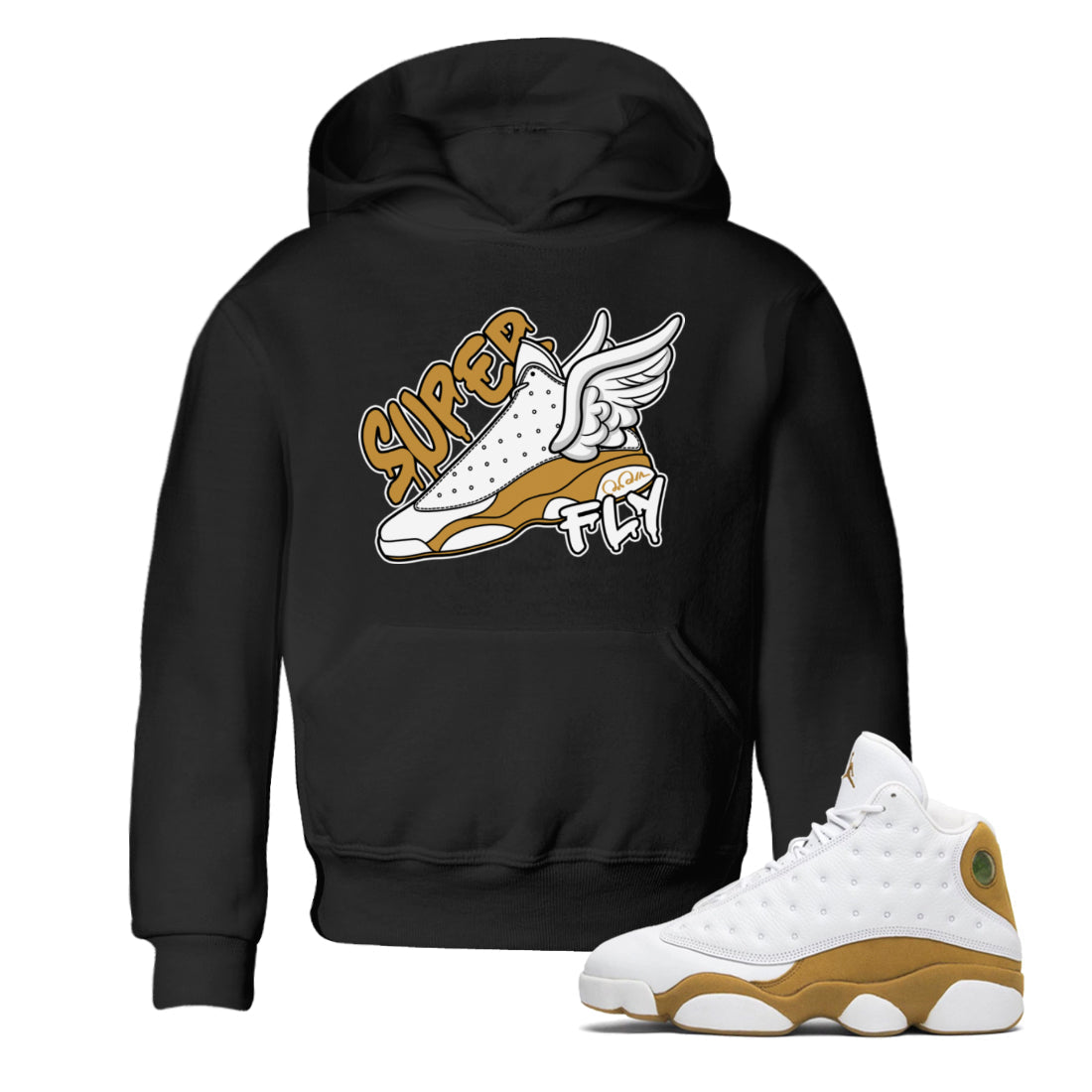 Air Jordan 13 Wheat Sneaker Match Tees Super Fly Sneaker Tees AJ13 Wheat Sneaker Release Tees Kids Shirts Black 1