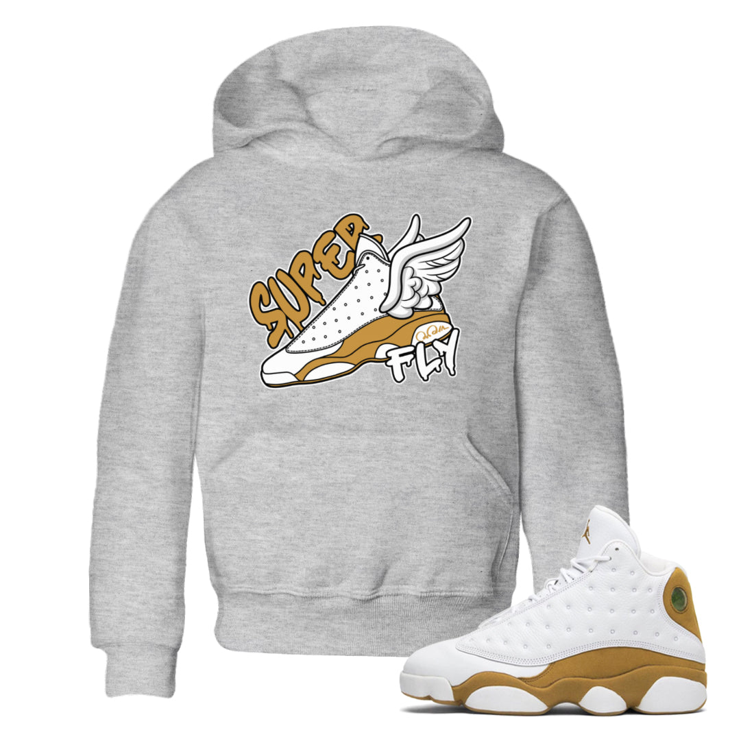 Air Jordan 13 Wheat Sneaker Match Tees Super Fly Sneaker Tees AJ13 Wheat Sneaker Release Tees Kids Shirts Heather Grey 1