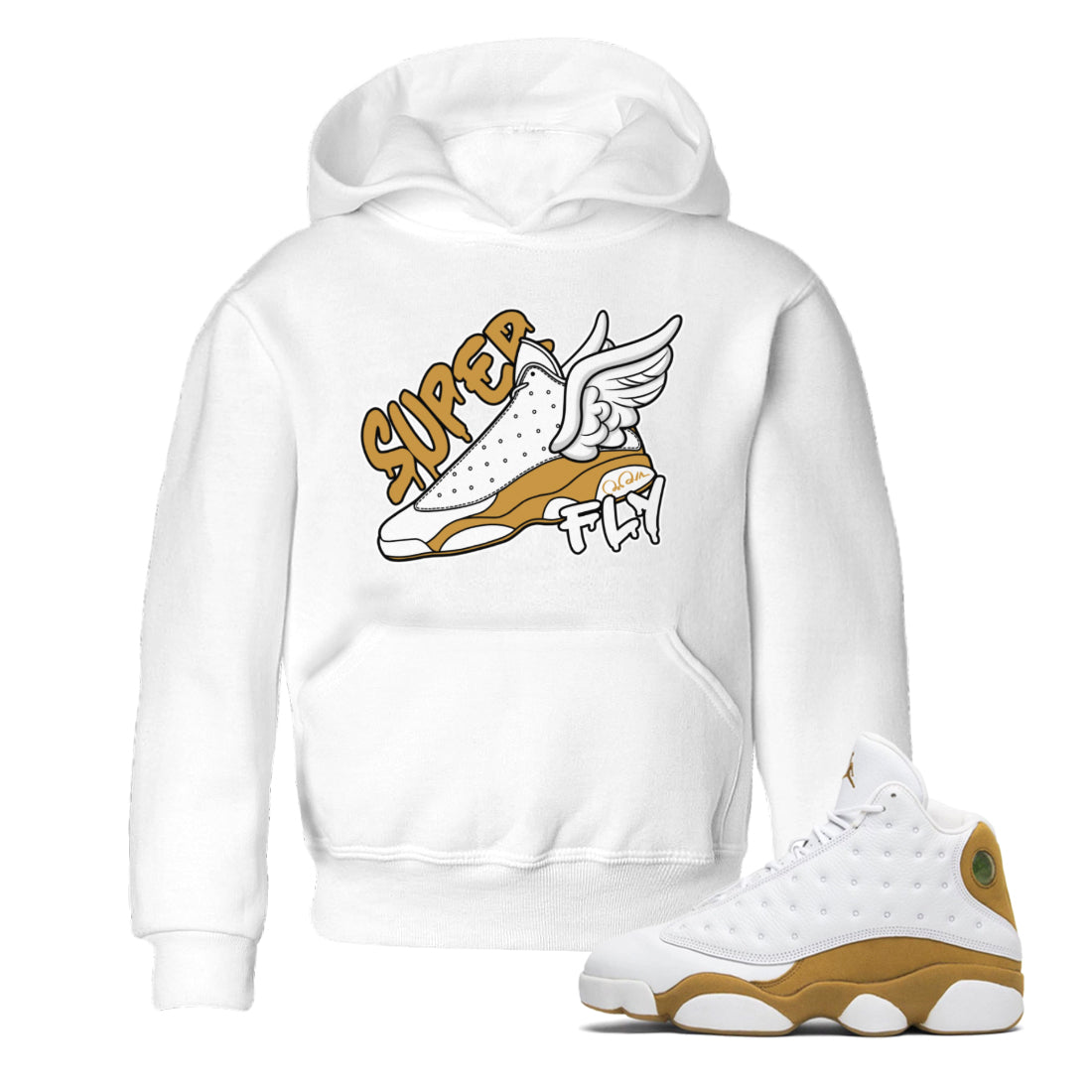 Air Jordan 13 Wheat Sneaker Match Tees Super Fly Sneaker Tees AJ13 Wheat Sneaker Release Tees Kids Shirts White 1