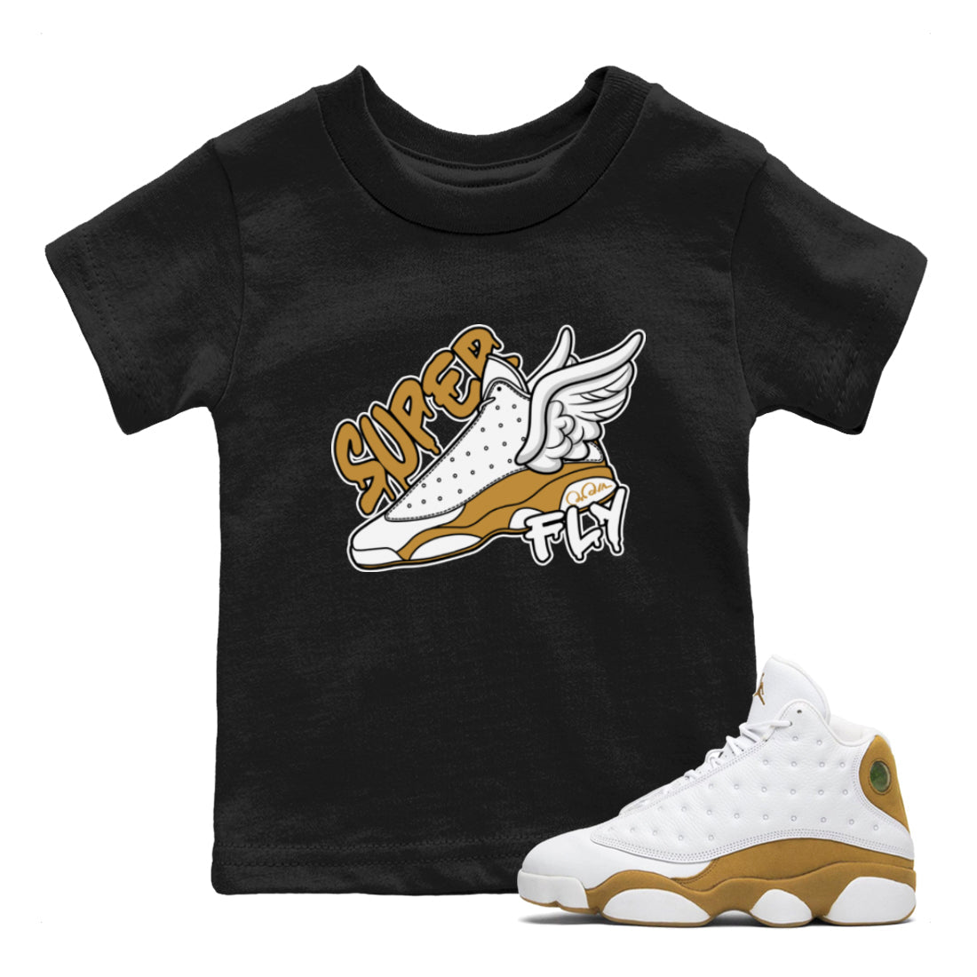 Air Jordan 13 Wheat Sneaker Match Tees Super Fly Sneaker Tees AJ13 Wheat Sneaker Release Tees Kids Shirts Black 1