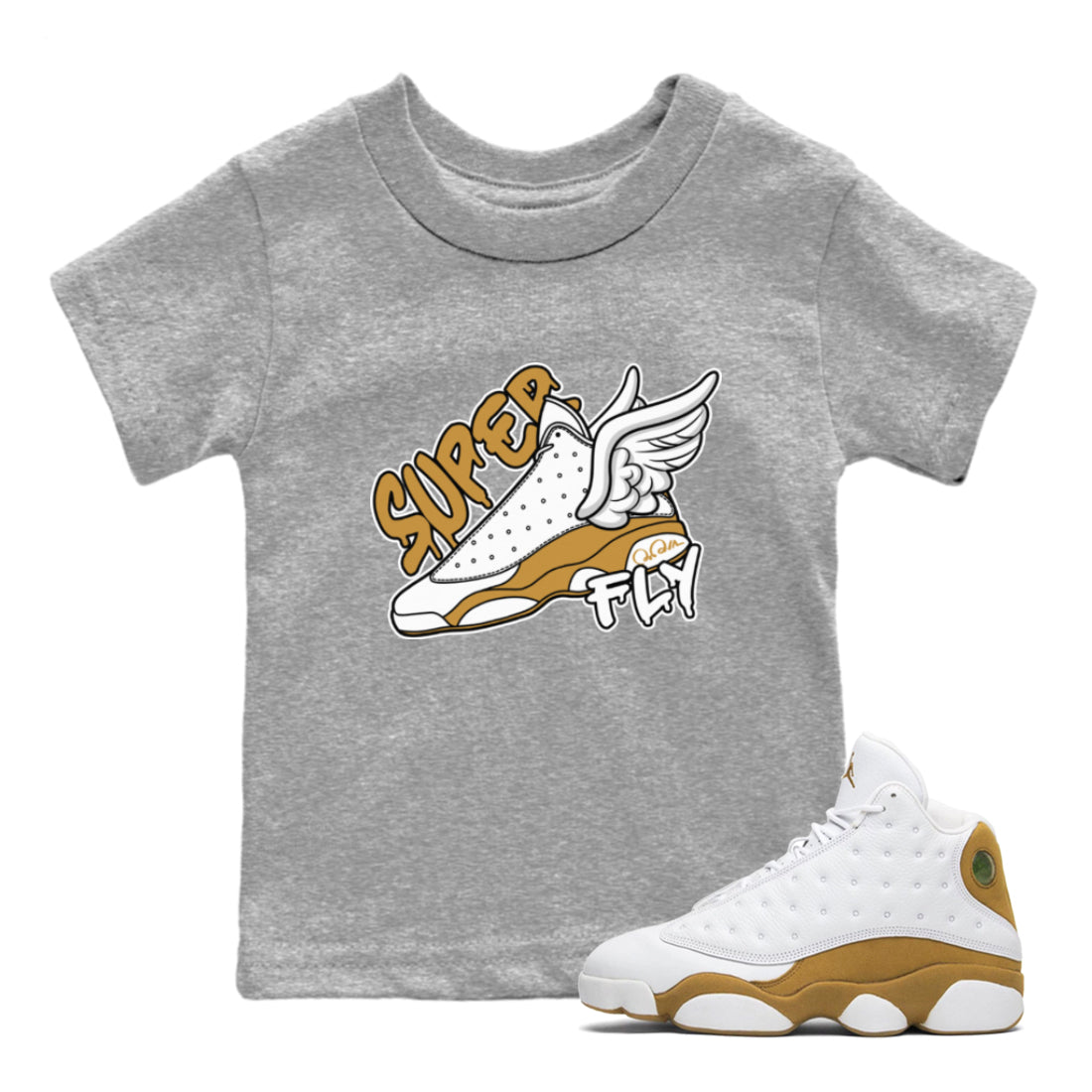 Air Jordan 13 Wheat Sneaker Match Tees Super Fly Sneaker Tees AJ13 Wheat Sneaker Release Tees Kids Shirts Heather Grey 1