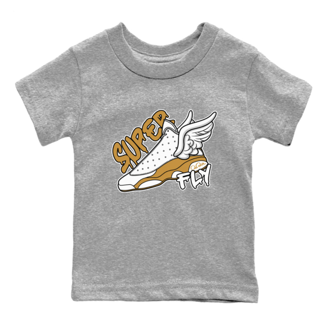 Air Jordan 13 Wheat Sneaker Match Tees Super Fly Sneaker Tees AJ13 Wheat Sneaker Release Tees Kids Shirts Heather Grey 2