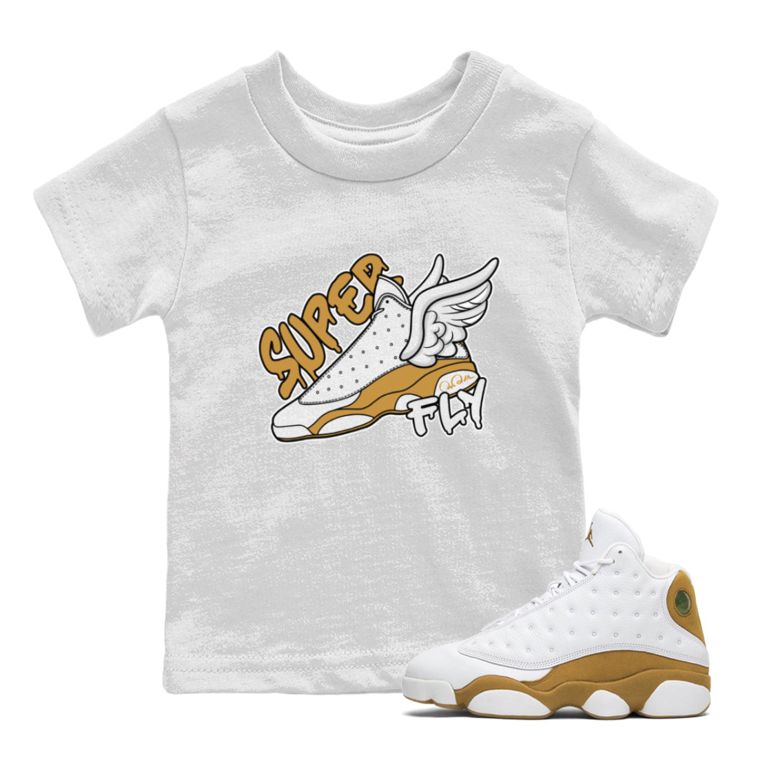 Air Jordan 13 Wheat Sneaker Match Tees Super Fly Sneaker Tees AJ13 Wheat Sneaker Release Tees Kids Shirts White 1