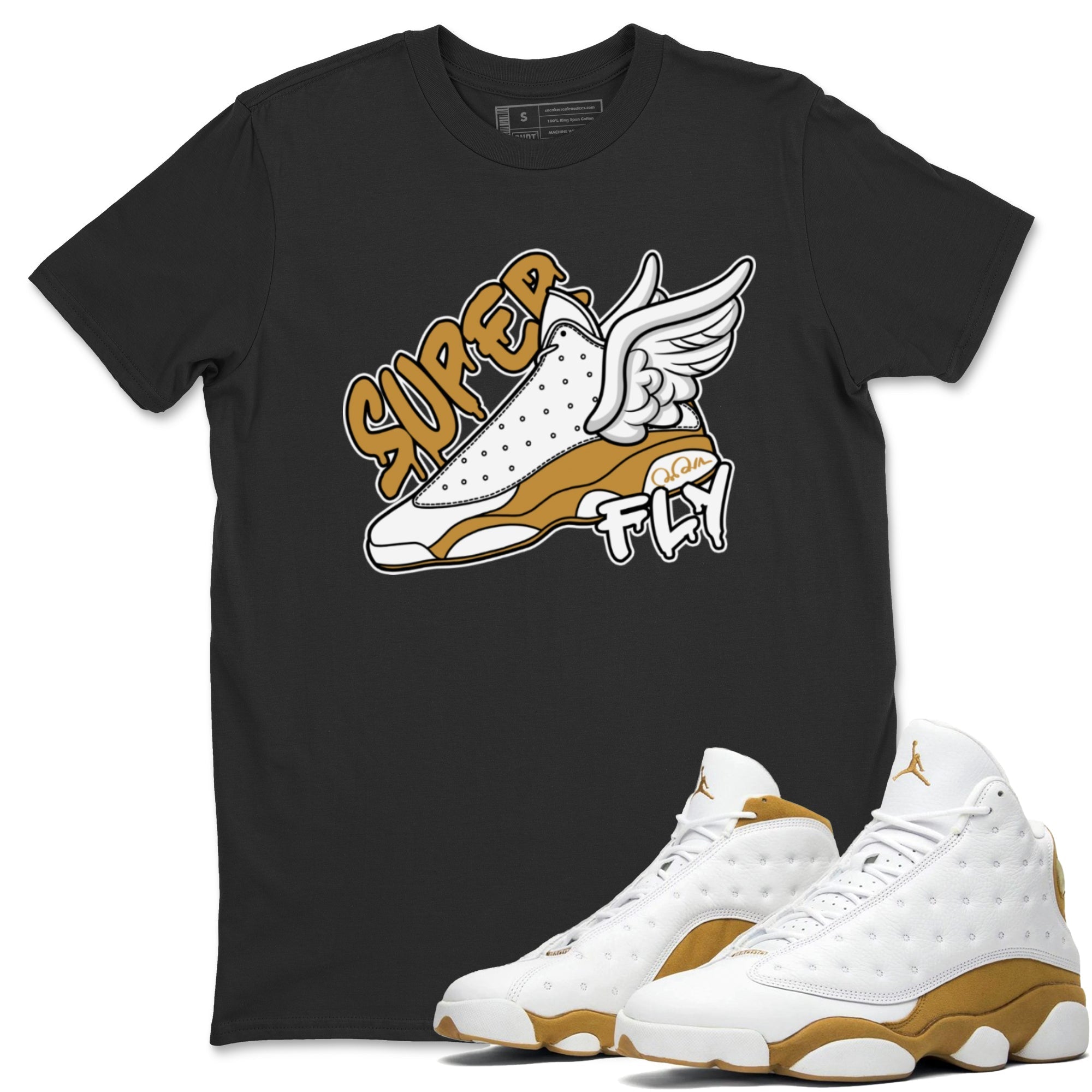 Air Jordan 13 Wheat Sneaker Match Tees Super Fly Sneaker Tees AJ13 Wheat Sneaker Release Tees Unisex Shirts Black 1