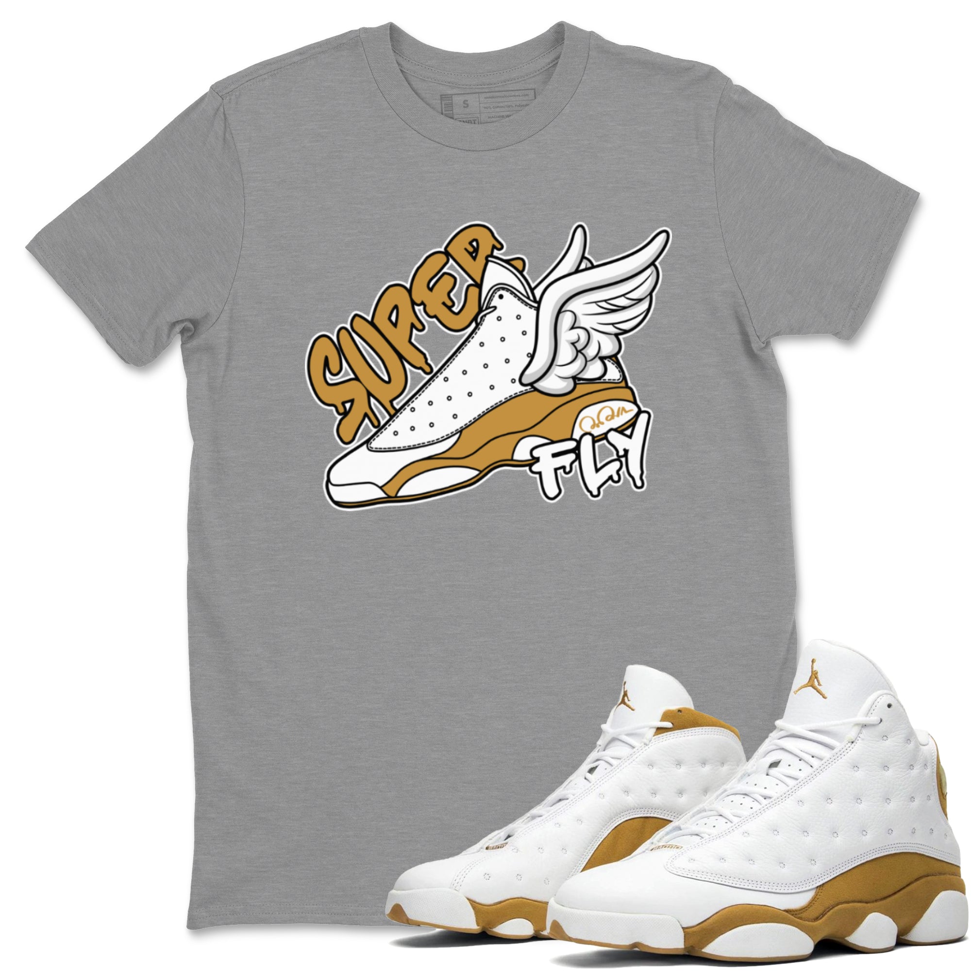 Air Jordan 13 Wheat Sneaker Match Tees Super Fly Sneaker Tees AJ13 Wheat Sneaker Release Tees Unisex Shirts Heather Grey 1