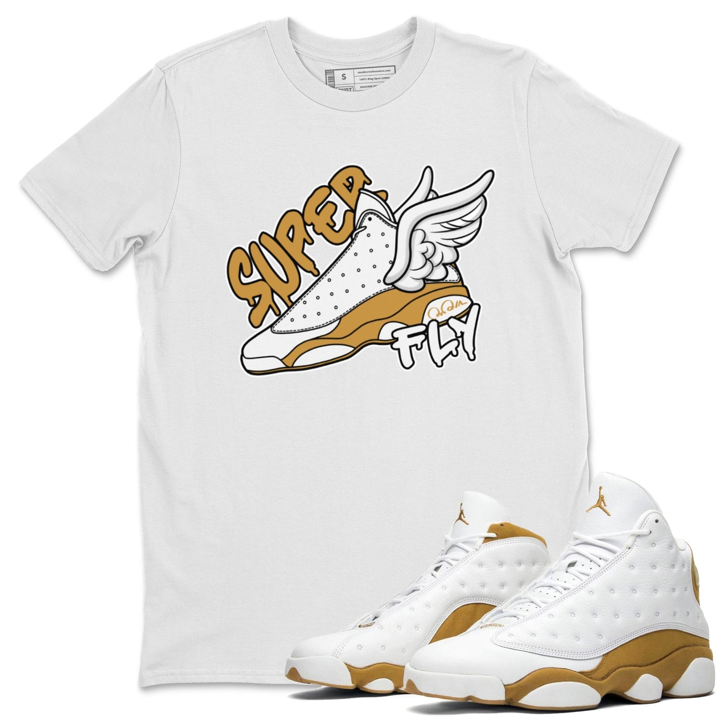 Air Jordan 13 Wheat Sneaker Match Tees Super Fly Sneaker Tees AJ13 Wheat Sneaker Release Tees Unisex Shirts White 1
